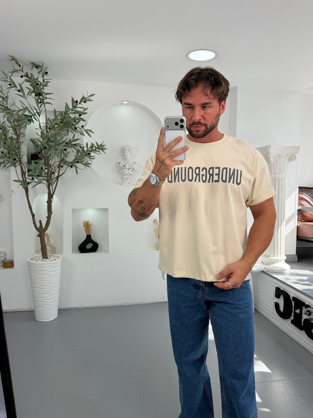 Bej RL Underground Yıkamalı Boxy Fit Tshirt