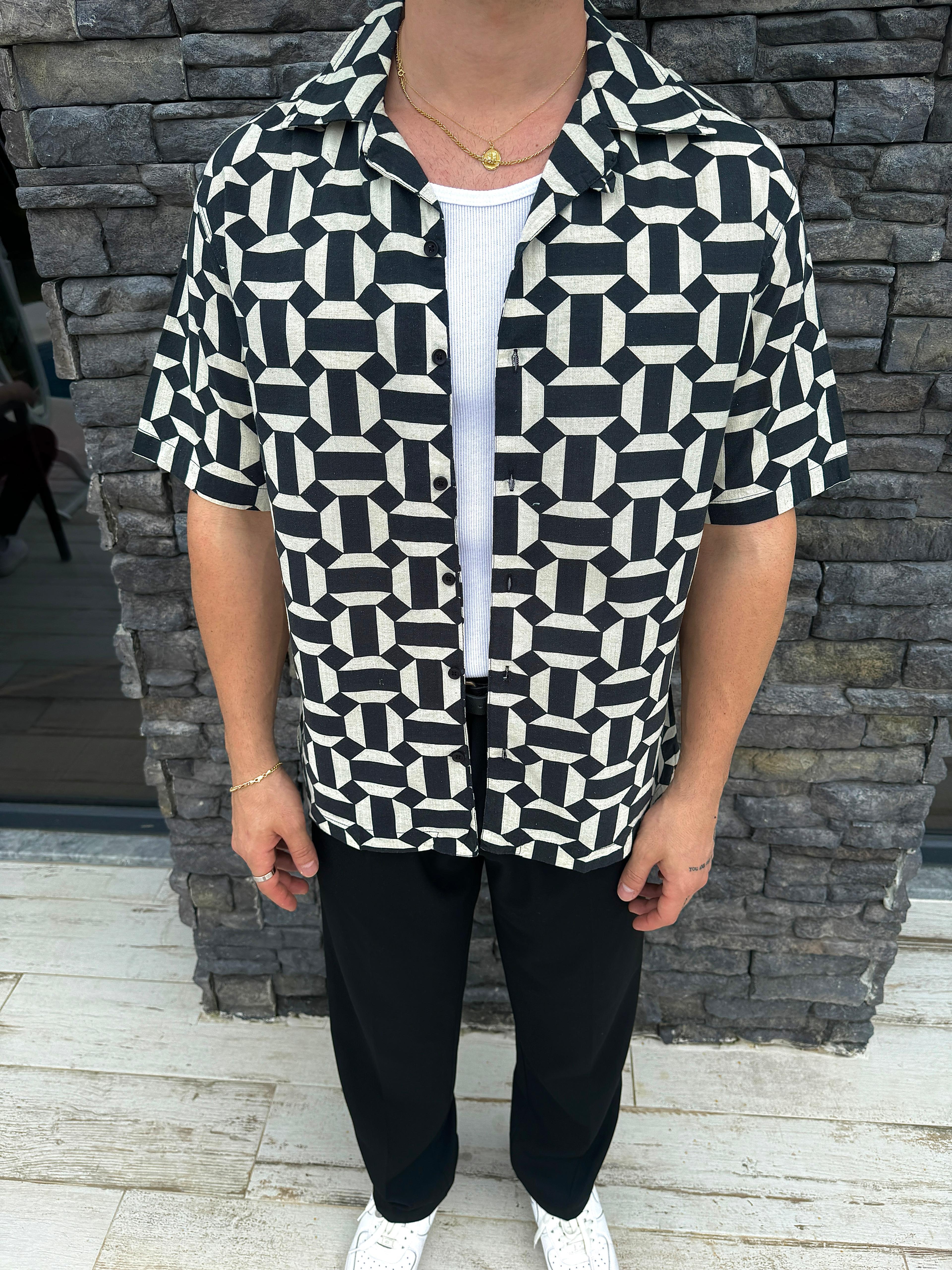 Bej Siyah Kare Desen Oversize