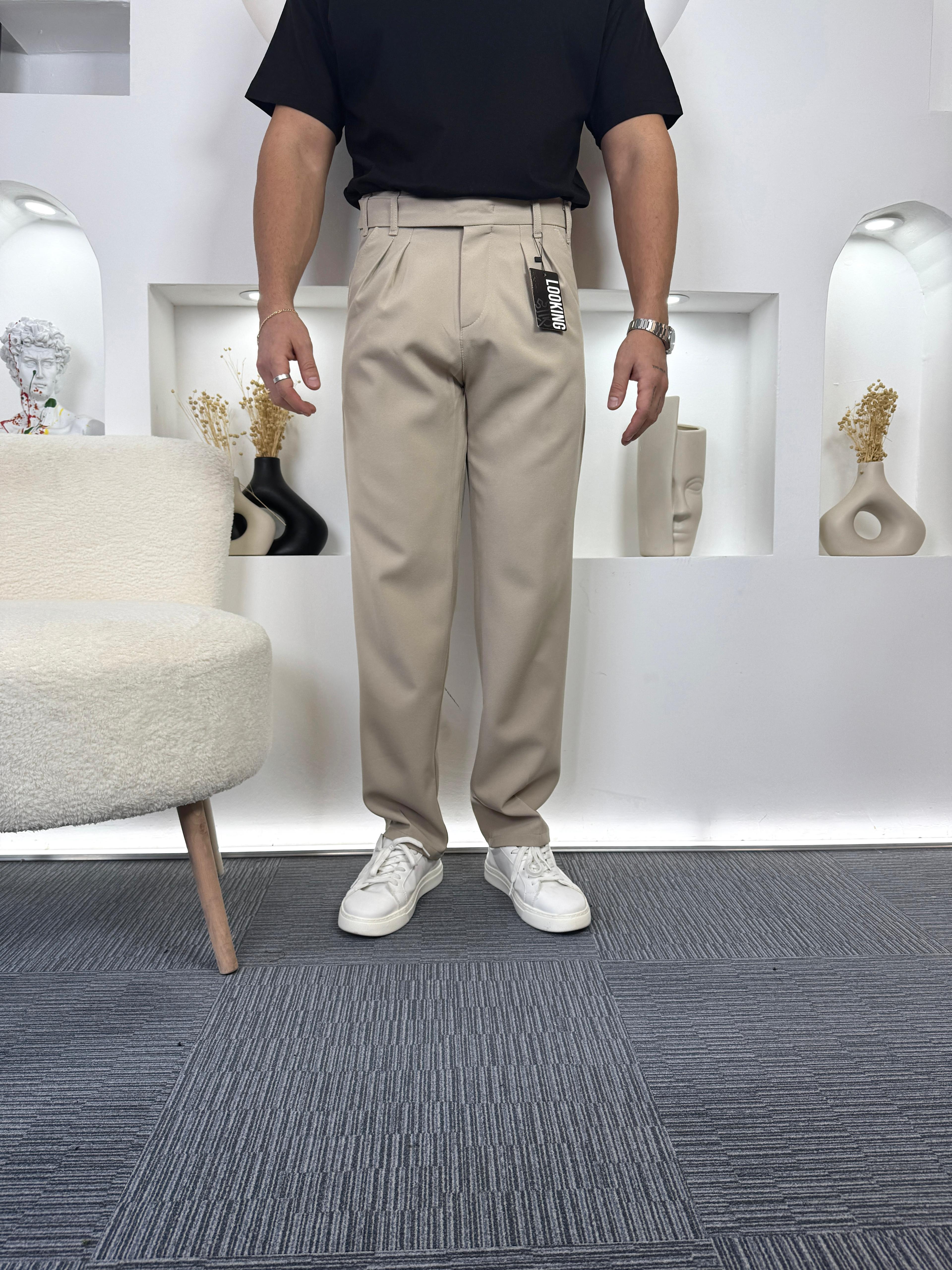 Bej Uzun Kemerli Pileli Baggy Kumaş Pantolon