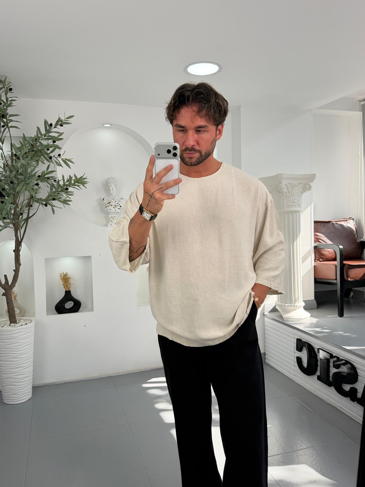 Bej Viscon Keten GG Fakir Kol Tshirt