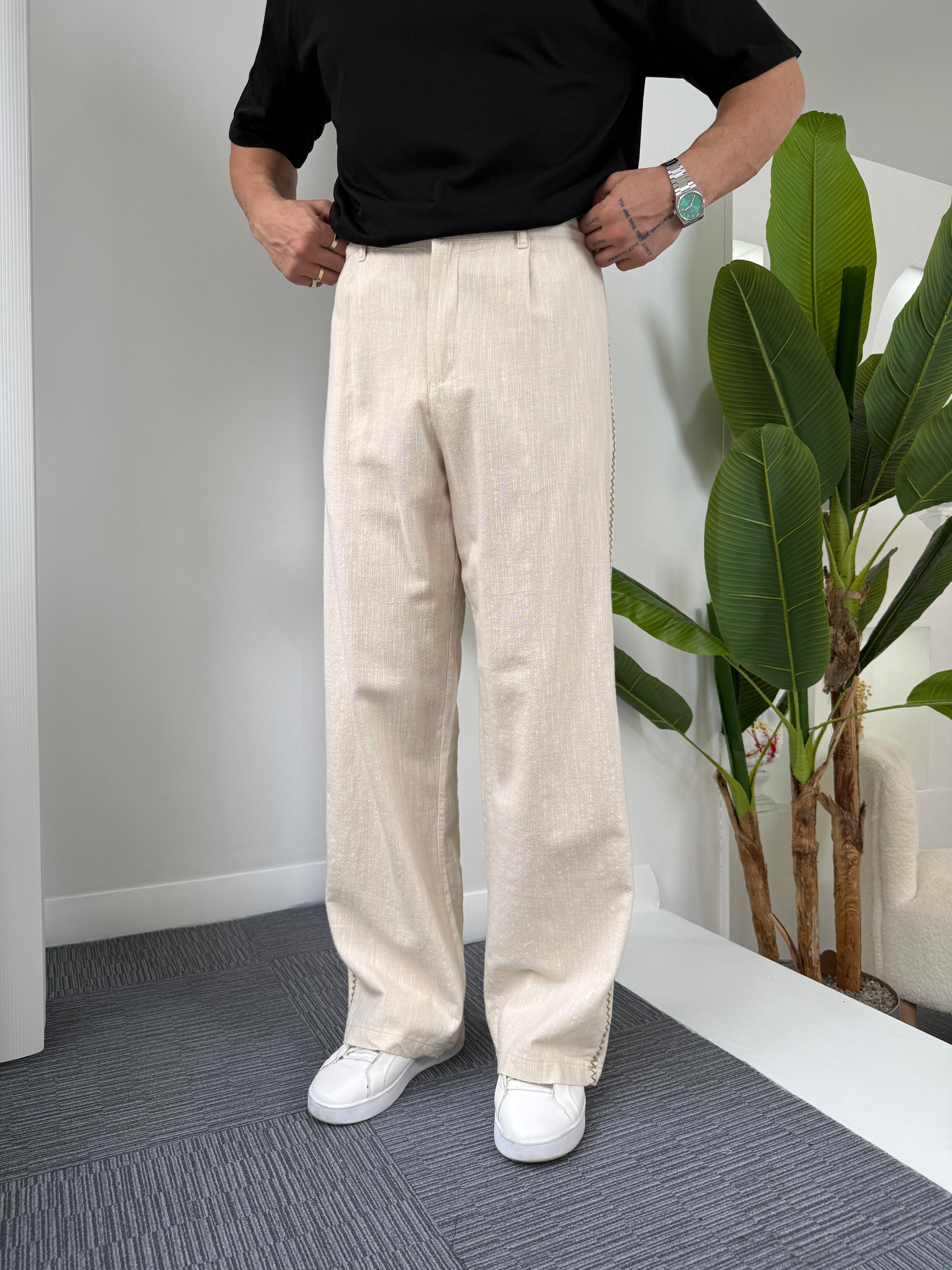 Bej Yan Hasır Şeritli Baggy Keten Pantolon