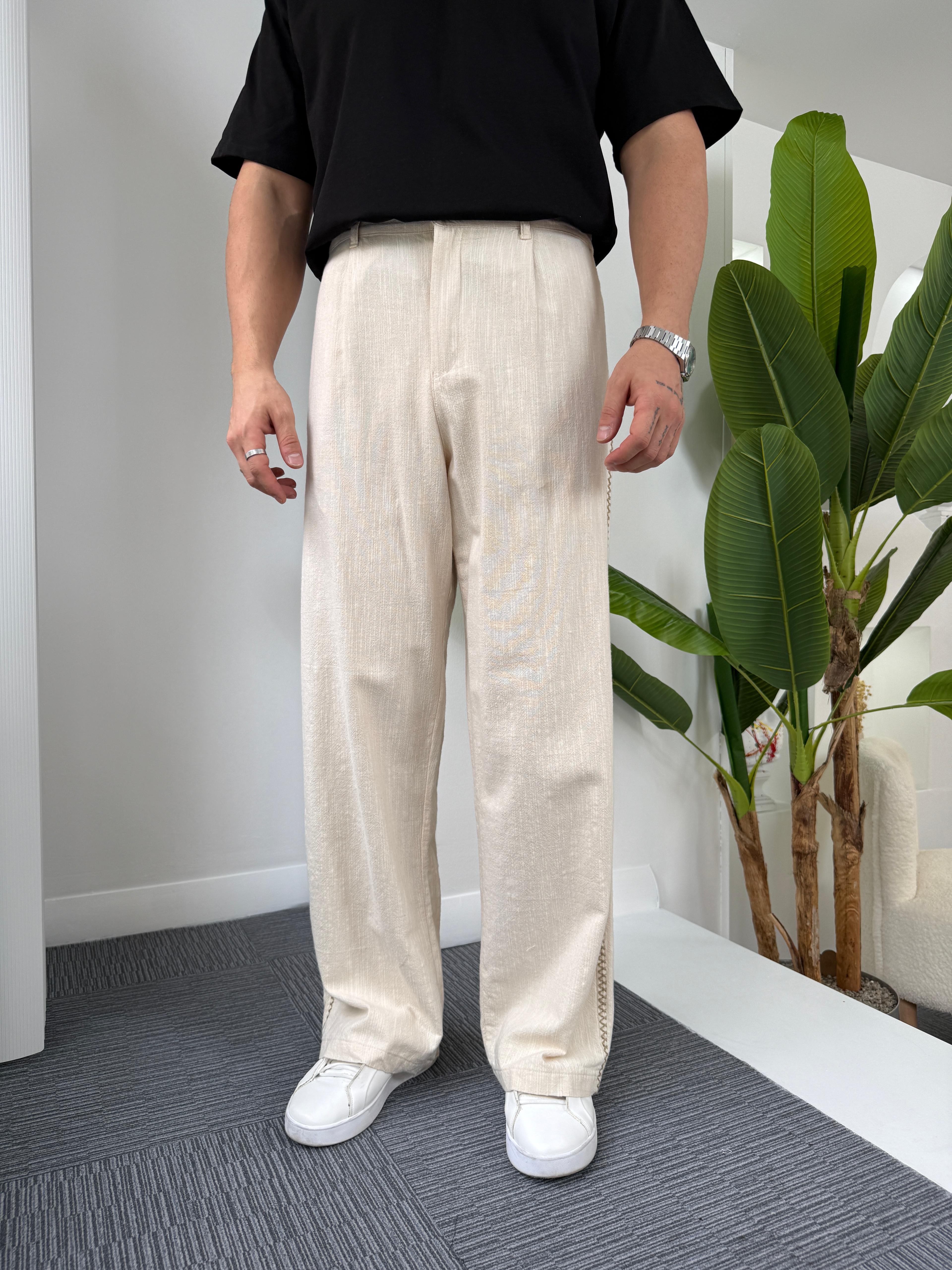 Bej Yan Hasır Şeritli Baggy Keten Pantolon