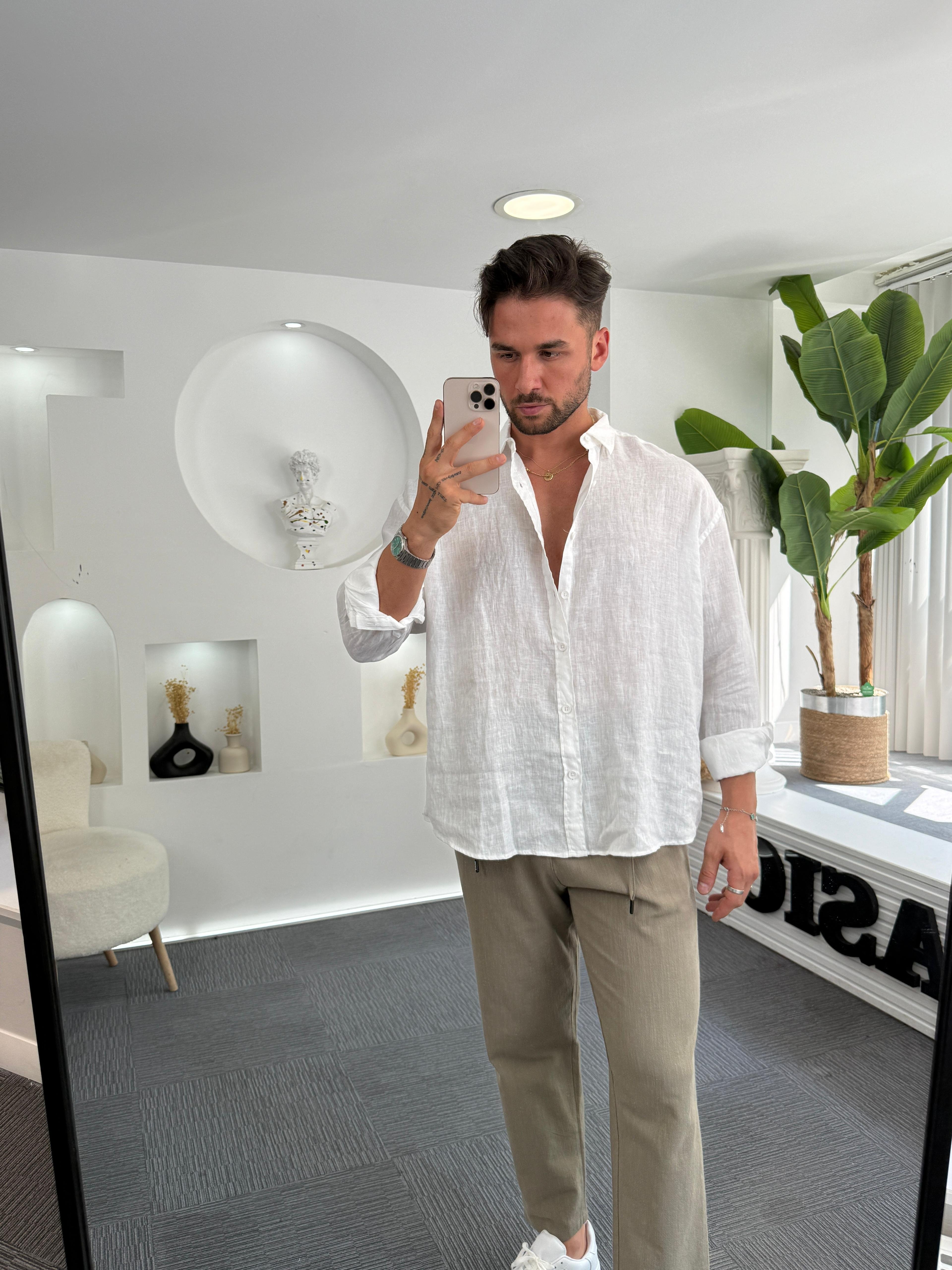 Beyaz %100 Linen Oversize GG Gömlek