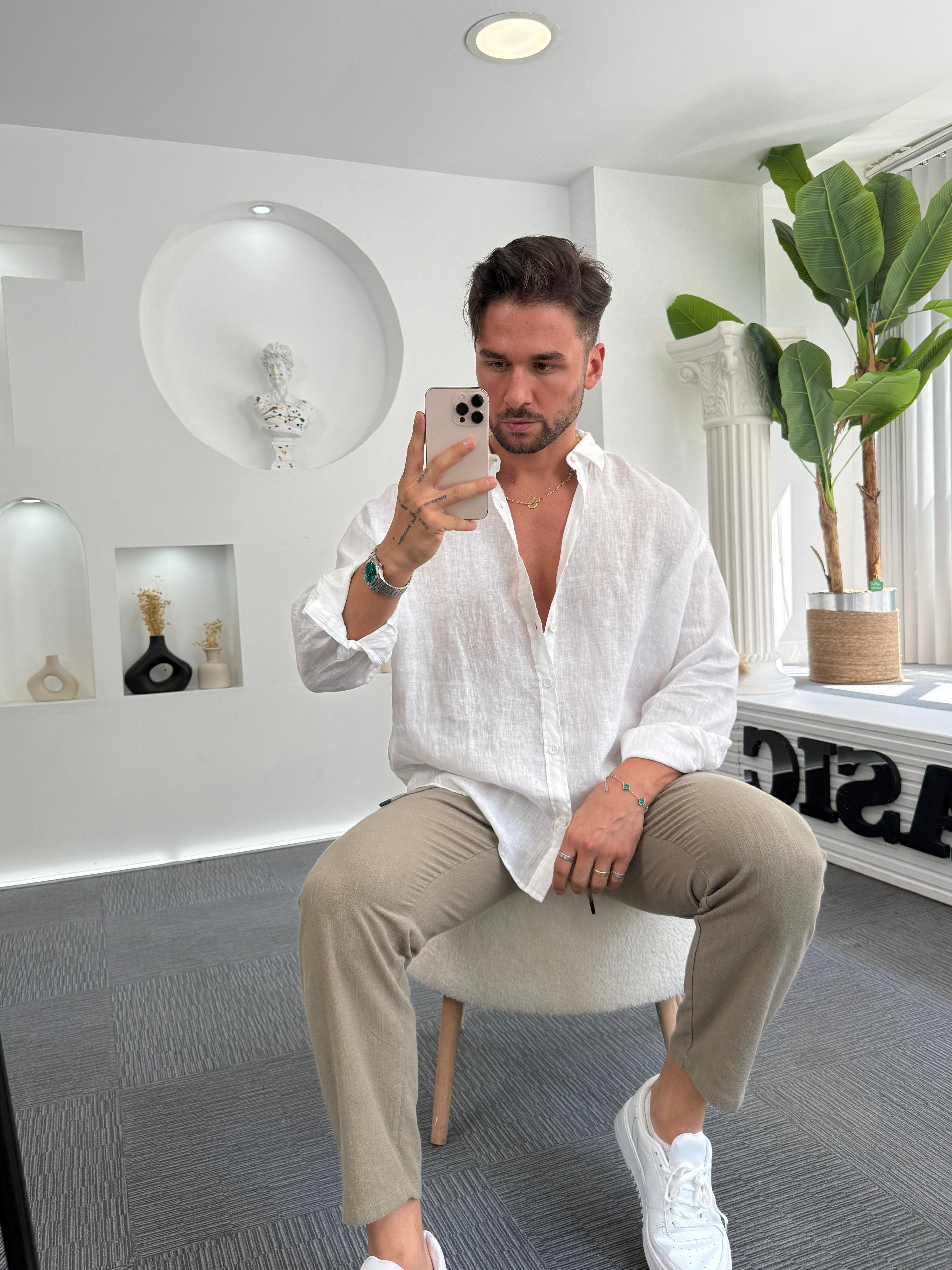 Beyaz %100 Linen Oversize GG Gömlek
