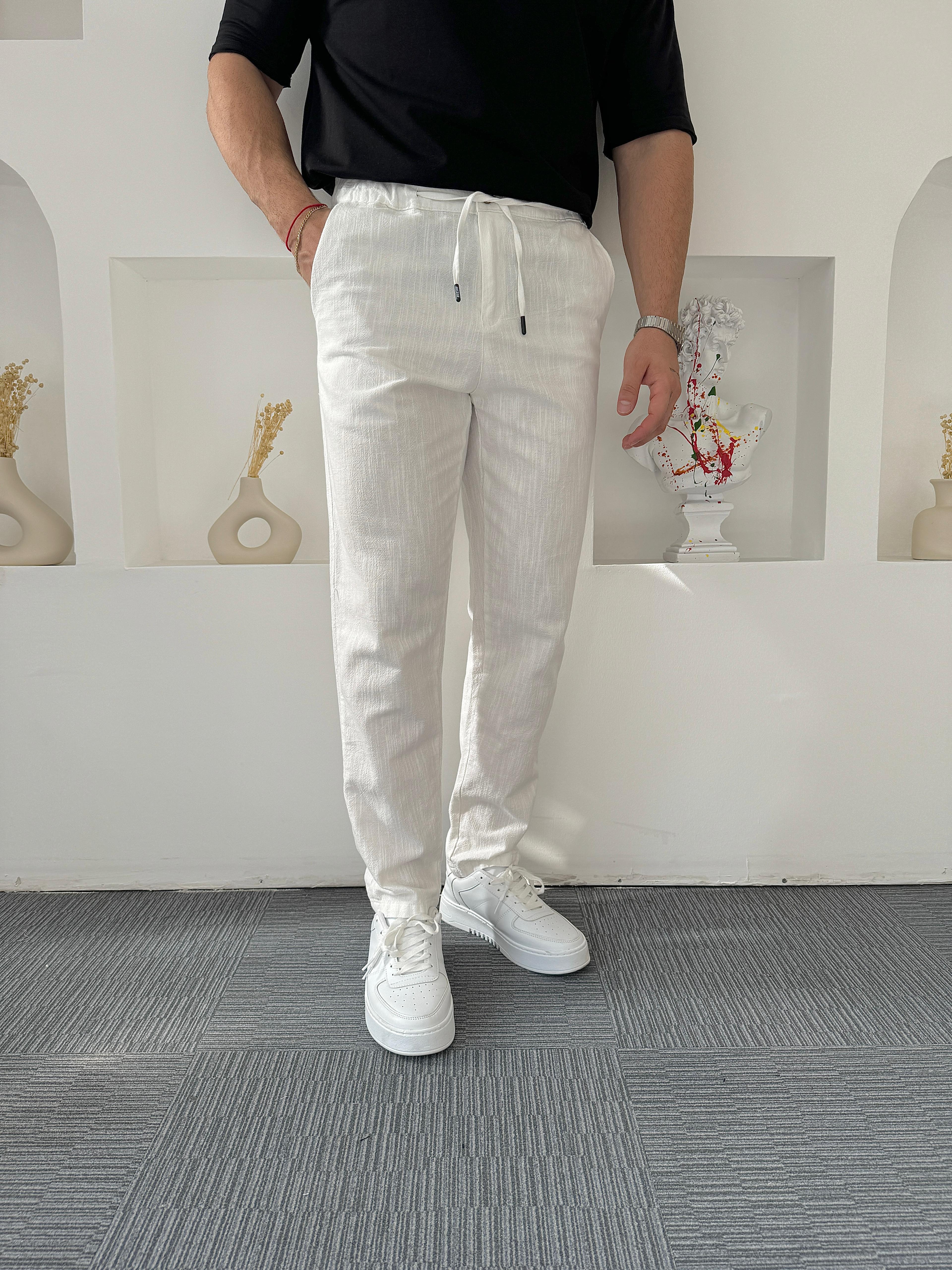 Beyaz Boyfriend Bağcıklı Keten Pantolon
