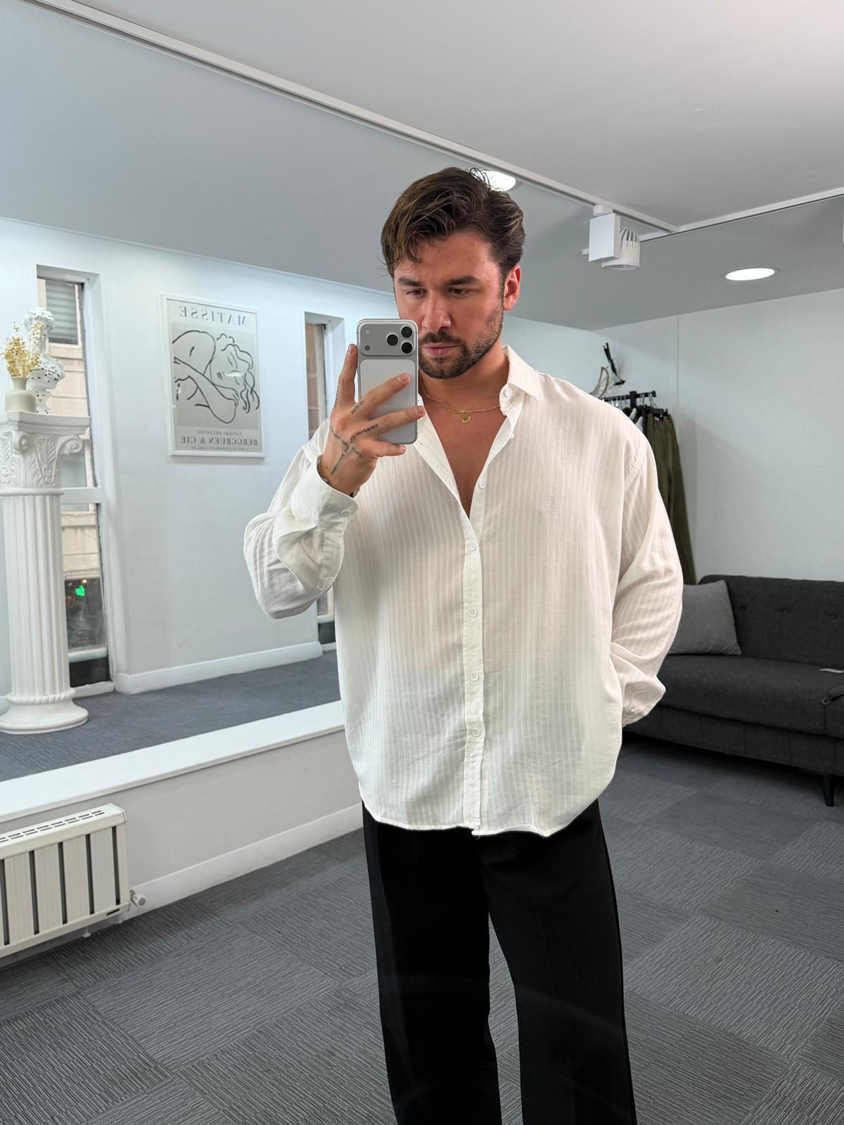 Beyaz GG Armür Çizgili Oversize Tensel Gömlek