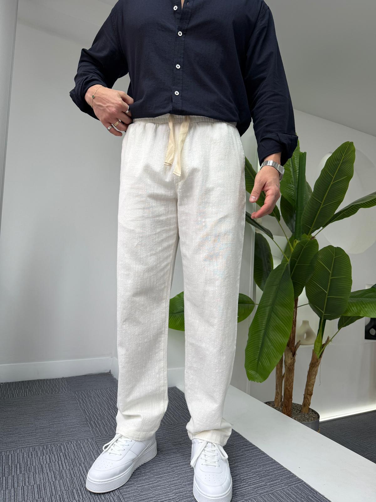 Beyaz GG Basic Baggy Keten Pantolon
