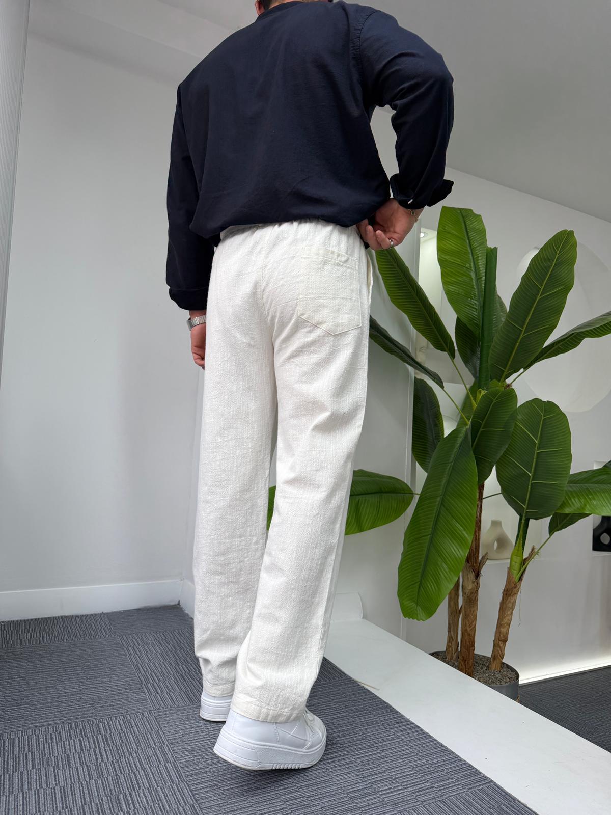 Beyaz GG Basic Baggy Keten Pantolon