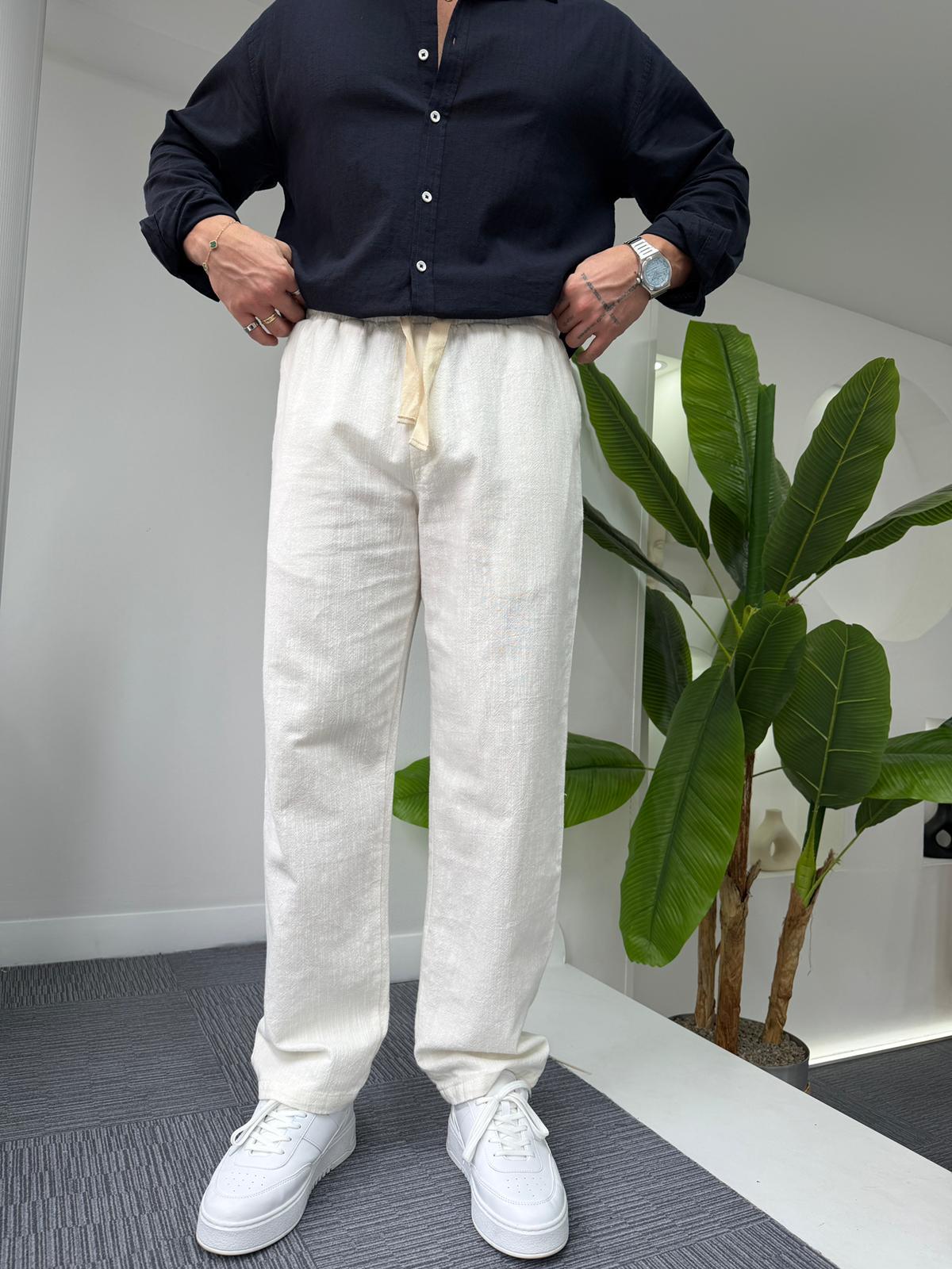 Beyaz GG Basic Baggy Keten Pantolon