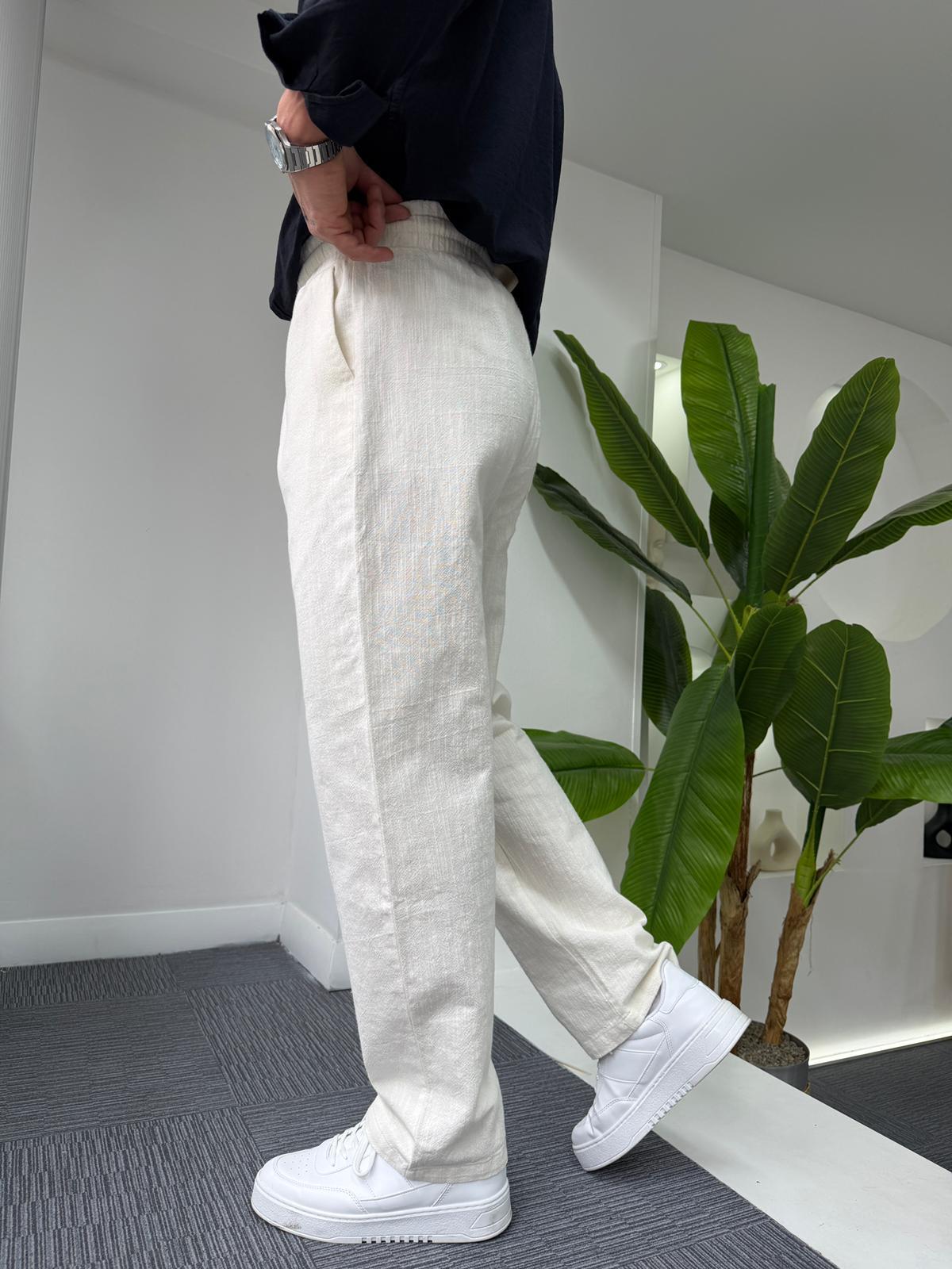 Beyaz GG Basic Baggy Keten Pantolon