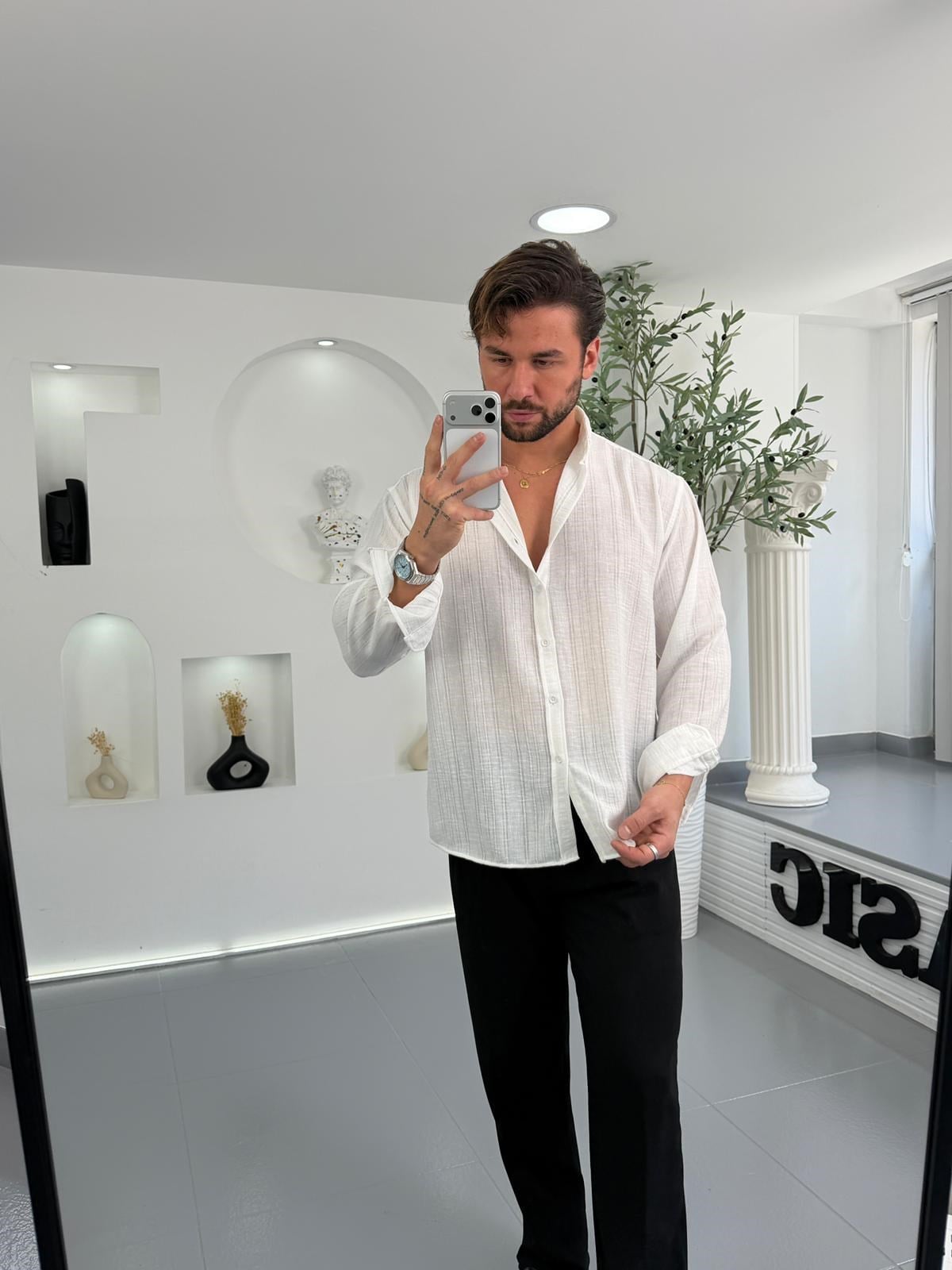 Beyaz GG Çizgili Gobiş Keten Oversize Keten Gömlek