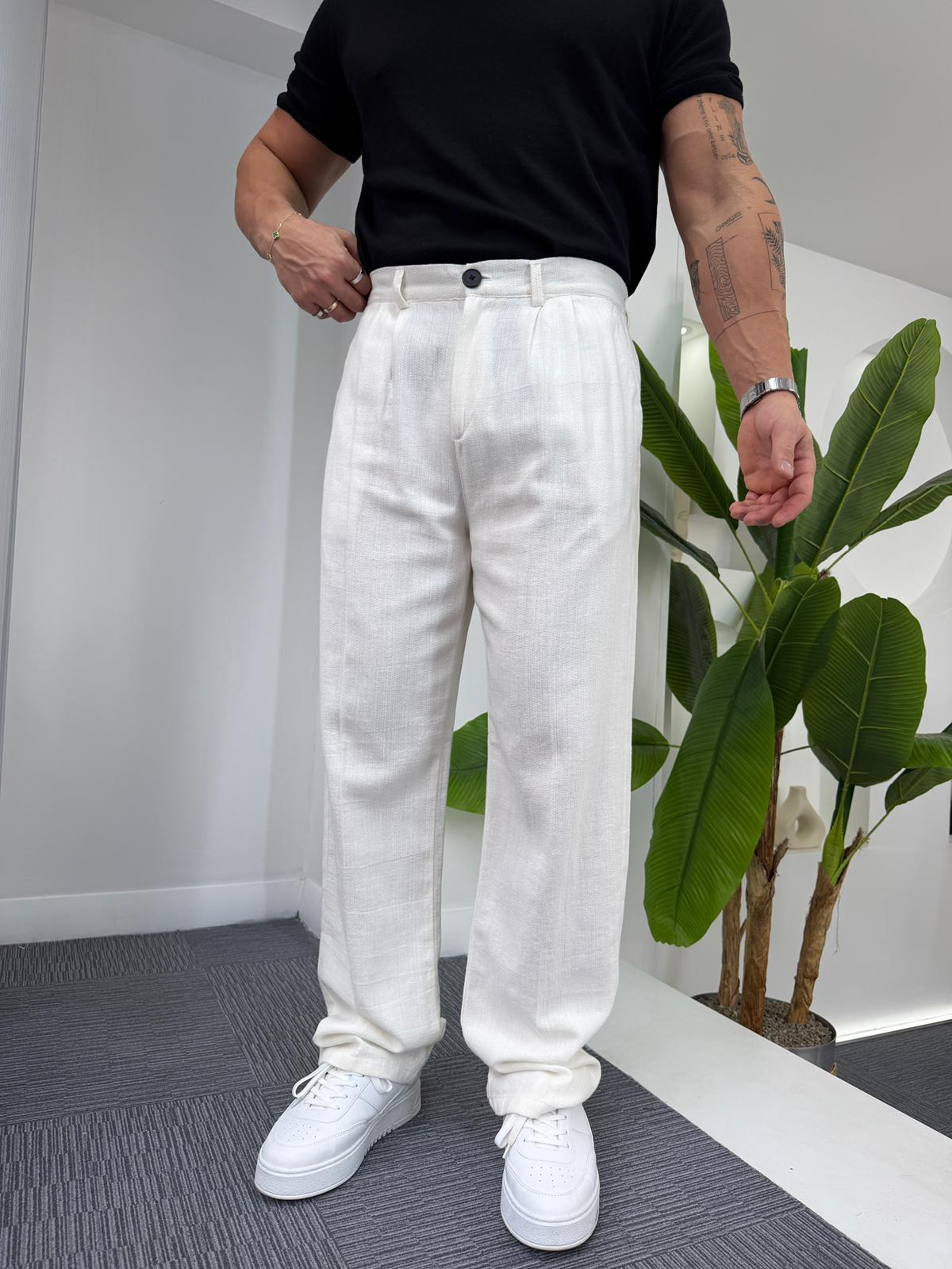 Beyaz GG Düğmeli Baggy Keten Pantolon