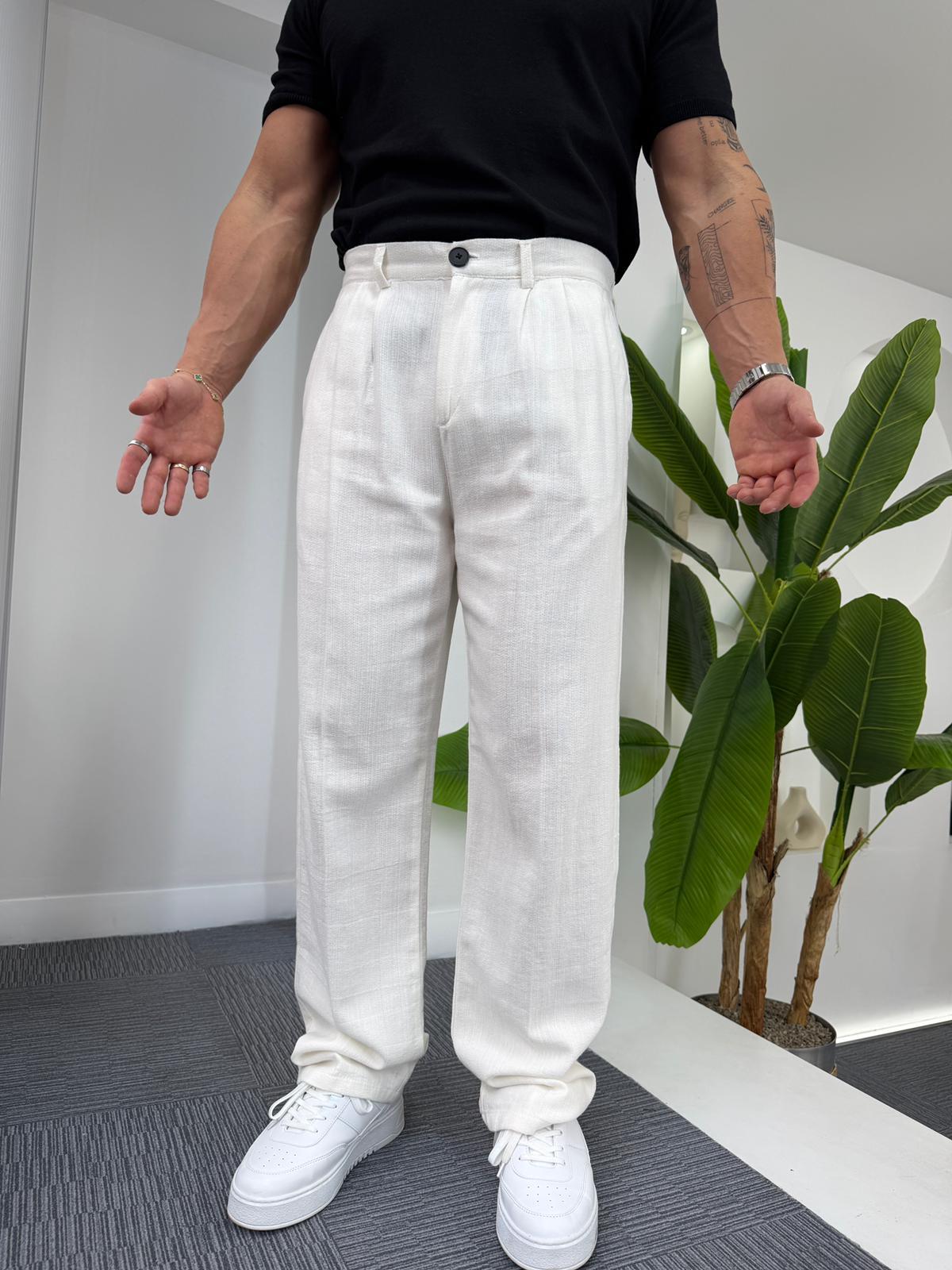 Beyaz GG Düğmeli Baggy Keten Pantolon