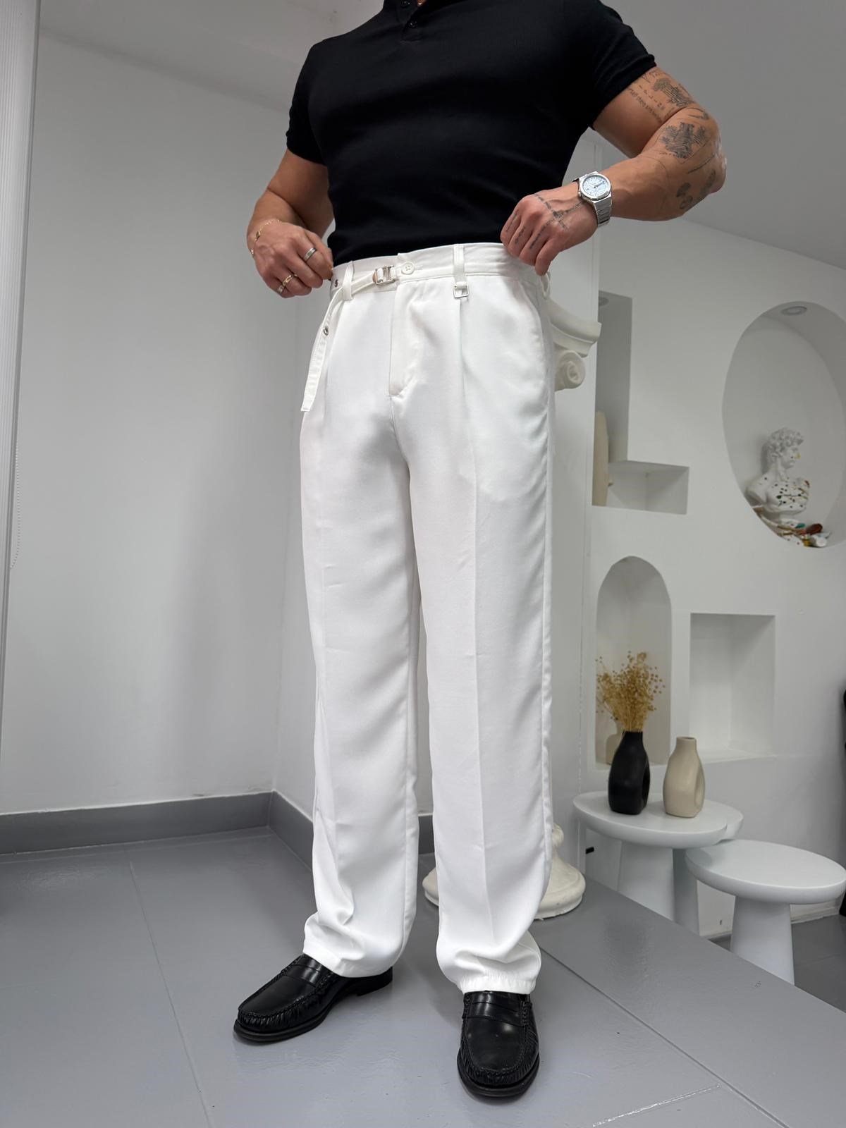 Beyaz GG Kemerli Linda Baggy Kumaş Pantolon