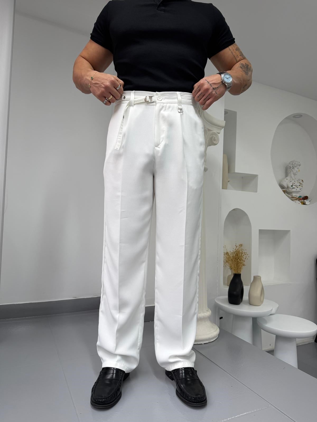 Beyaz GG Kemerli Linda Baggy Kumaş Pantolon