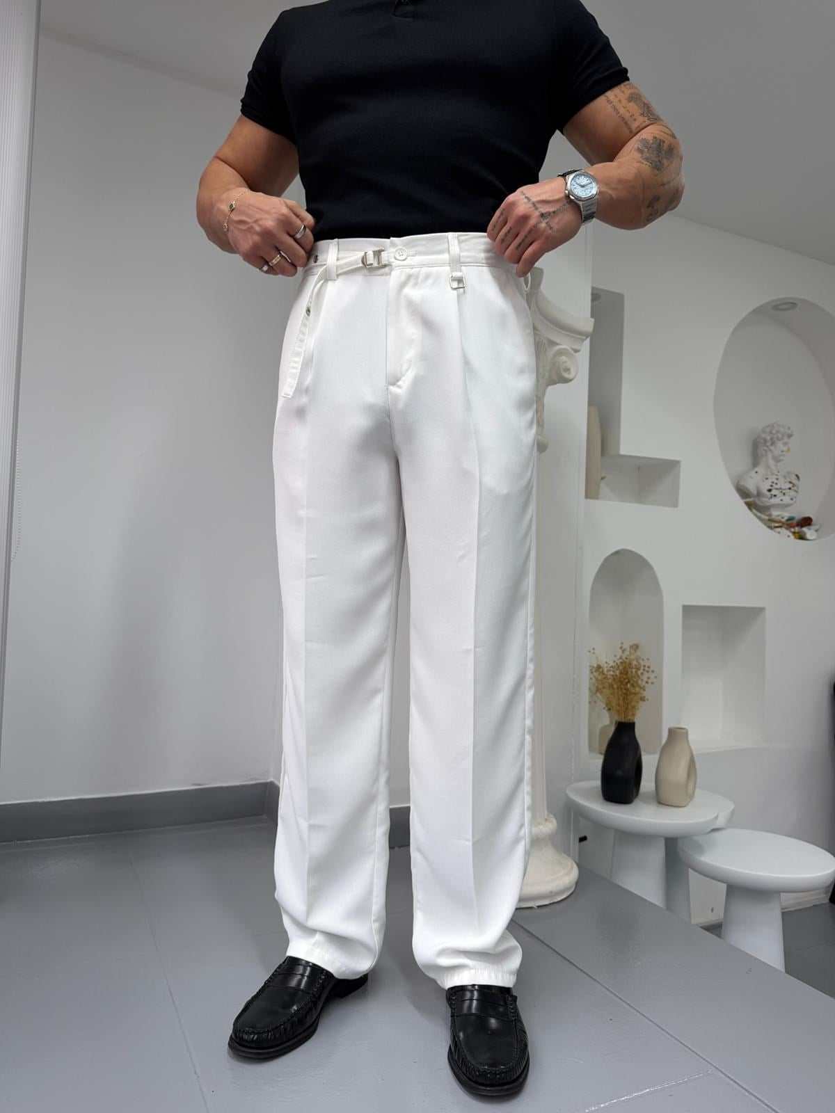 Beyaz GG Kemerli Linda Baggy Kumaş Pantolon