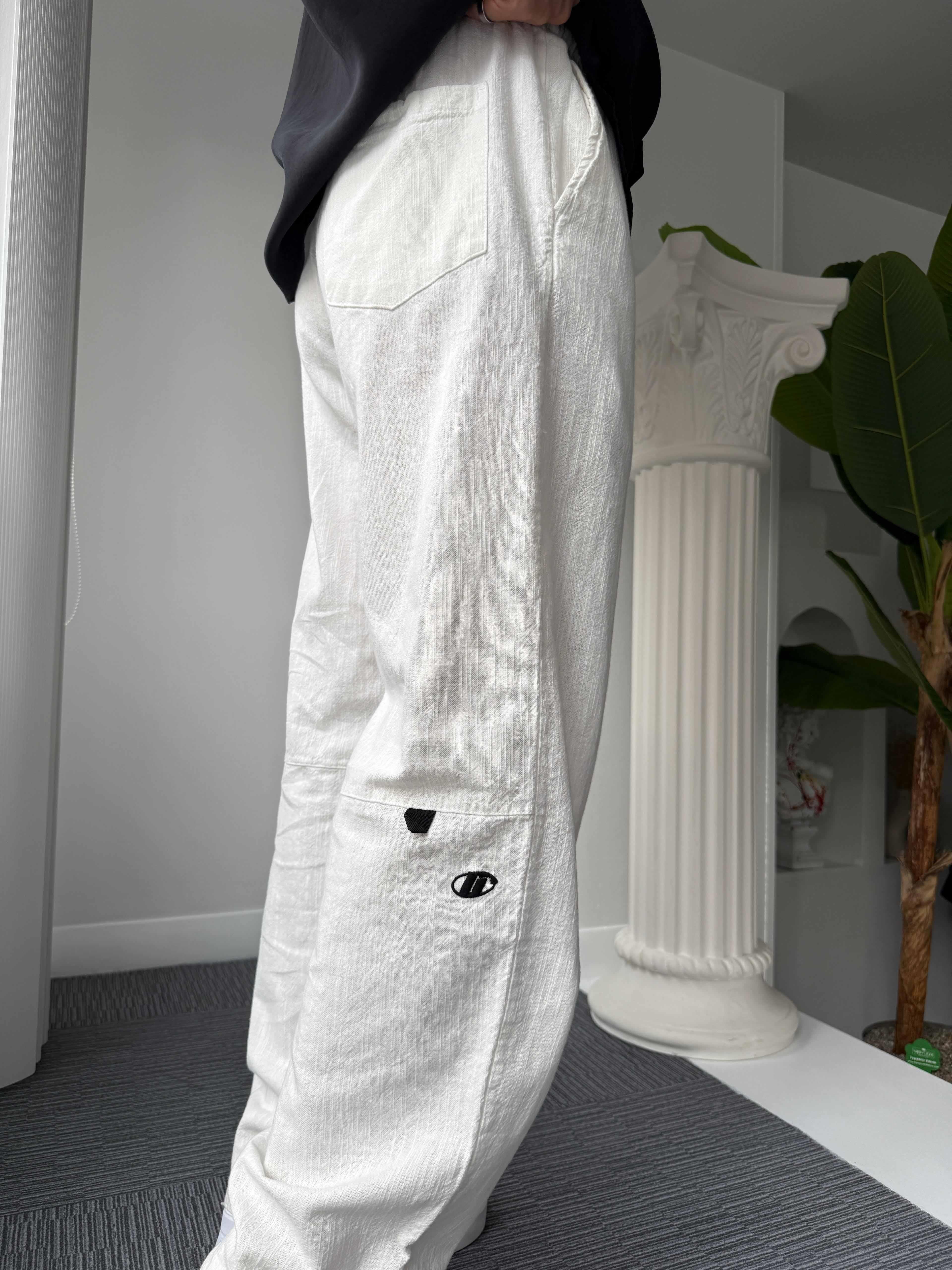 Beyaz GG Nakışlı Linen Keten Pantolon