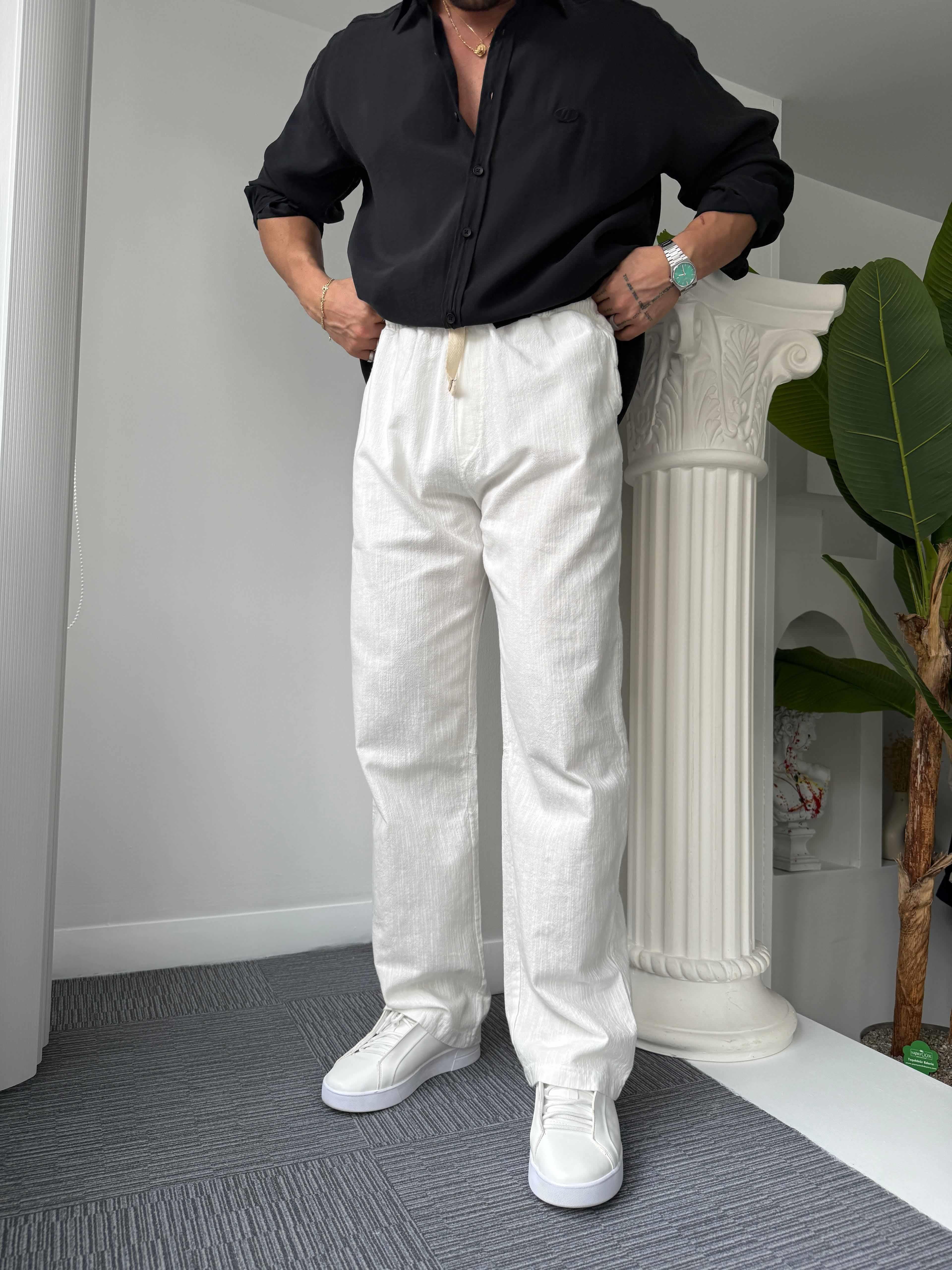 Beyaz GG Nakışlı Linen Keten Pantolon