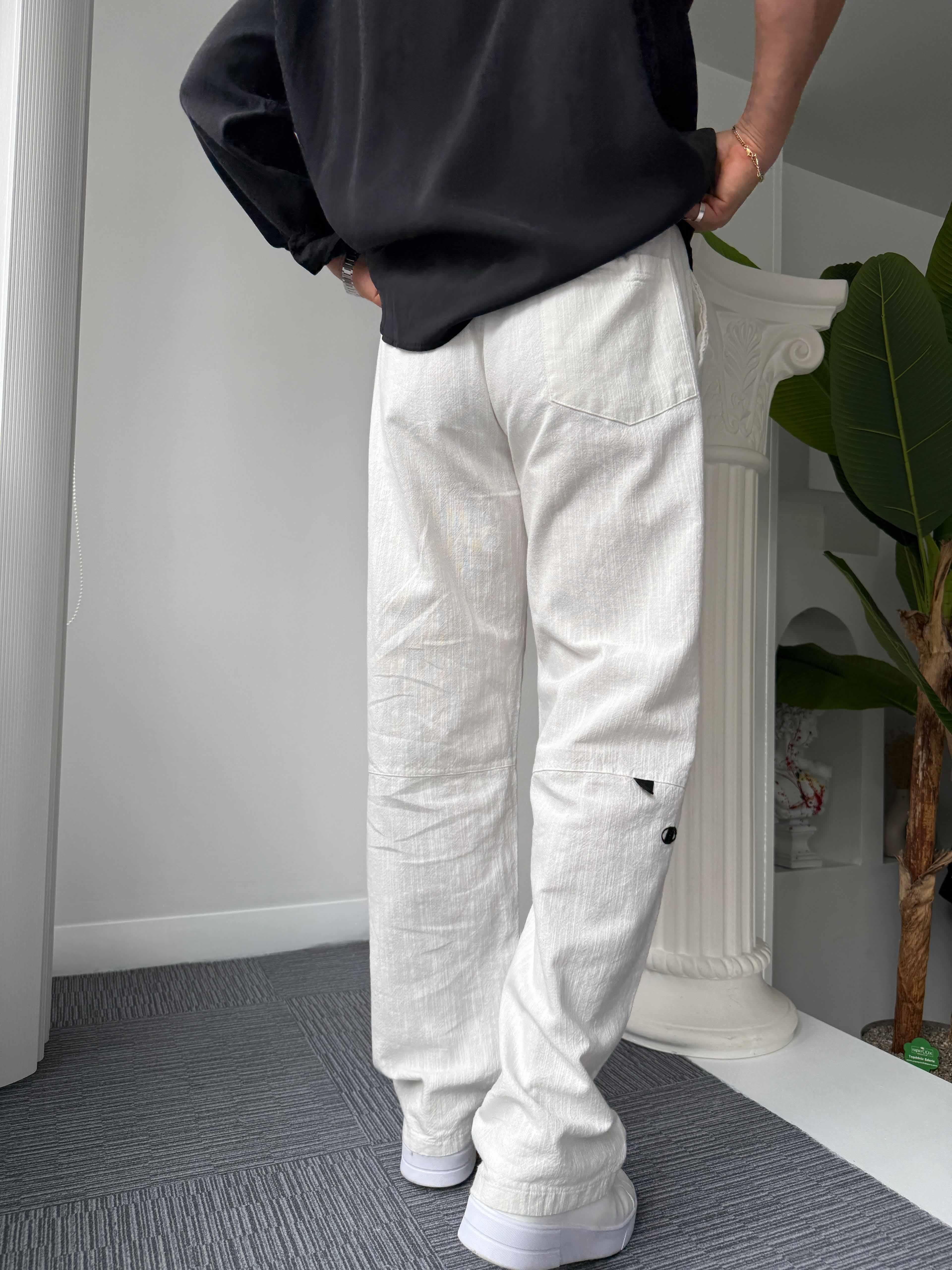 Beyaz GG Nakışlı Linen Keten Pantolon