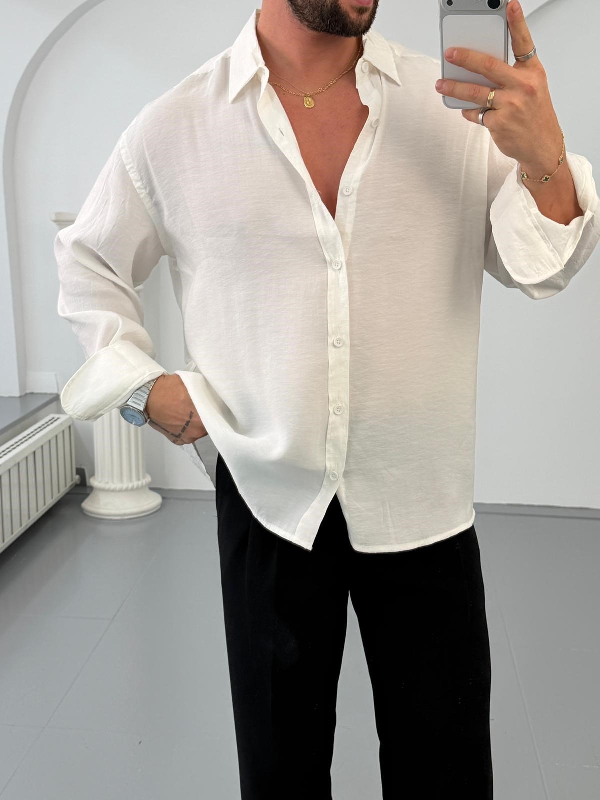 Beyaz GG Oversize Modal Gömlek