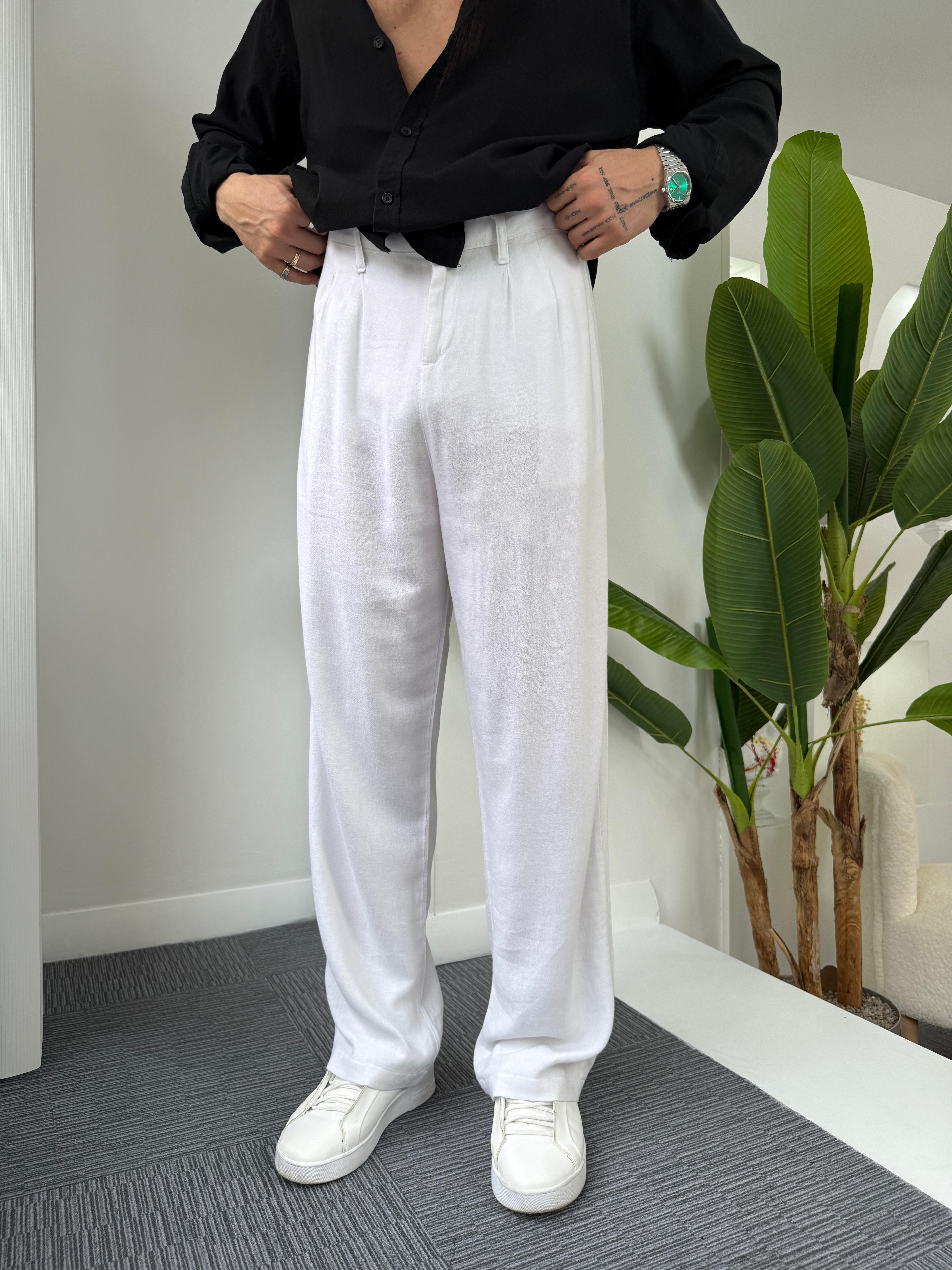 Beyaz GG Viscon Keten Baggy Pantolon