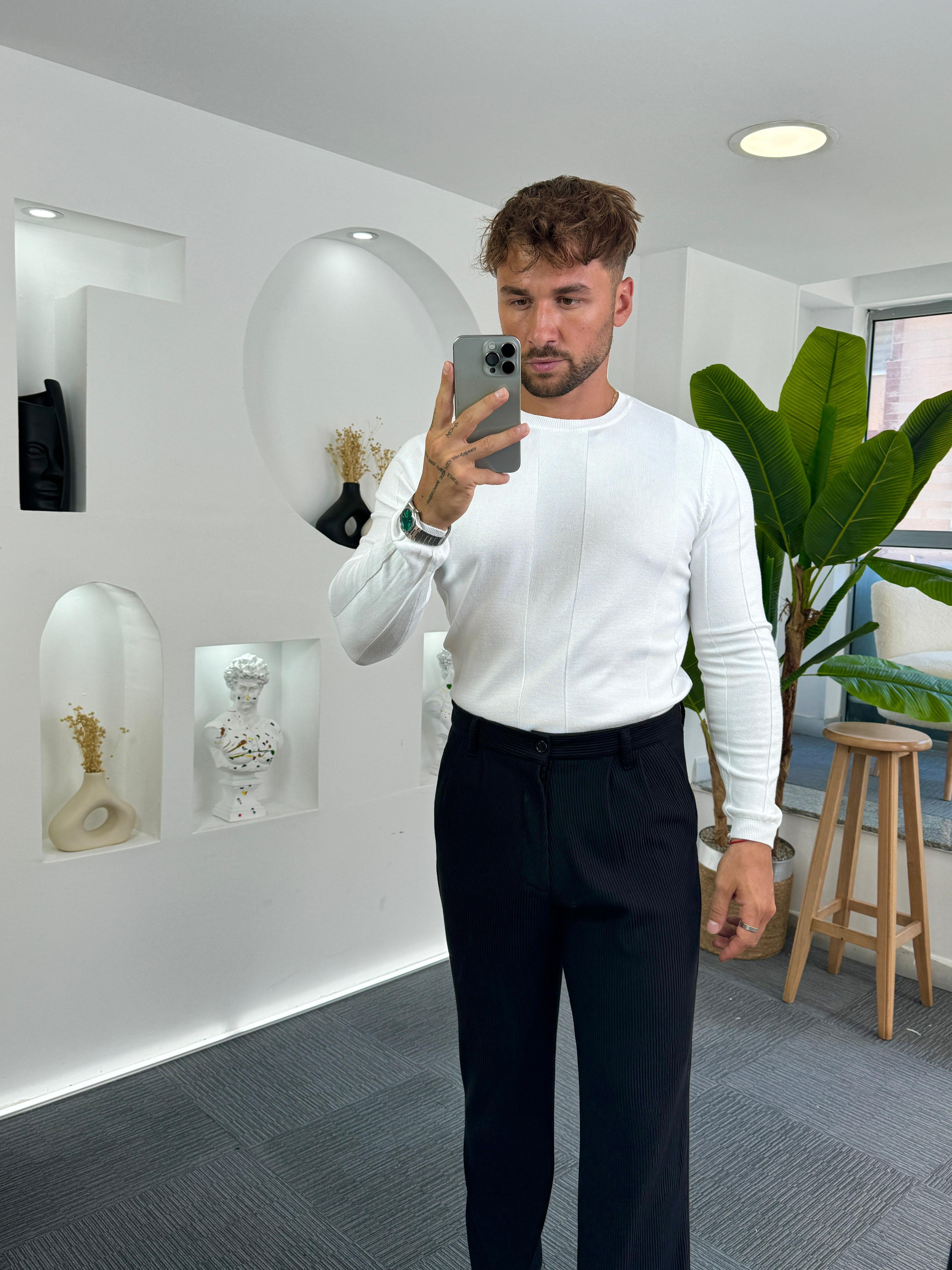 Beyaz Kalın Şeritli Slim Fit Uzun Kol Triko