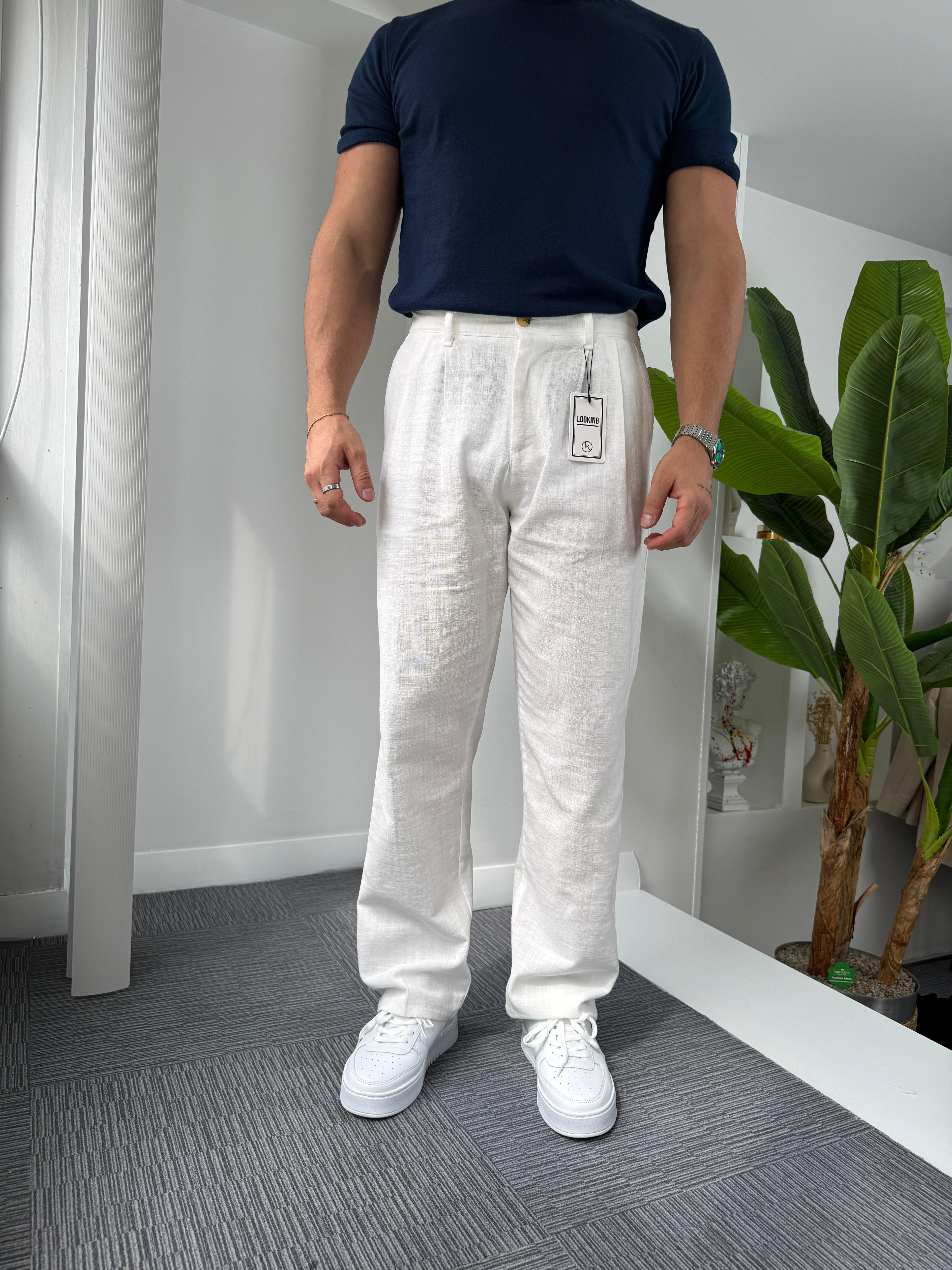 Beyaz LK Pileli Baggy Keten Pantolon