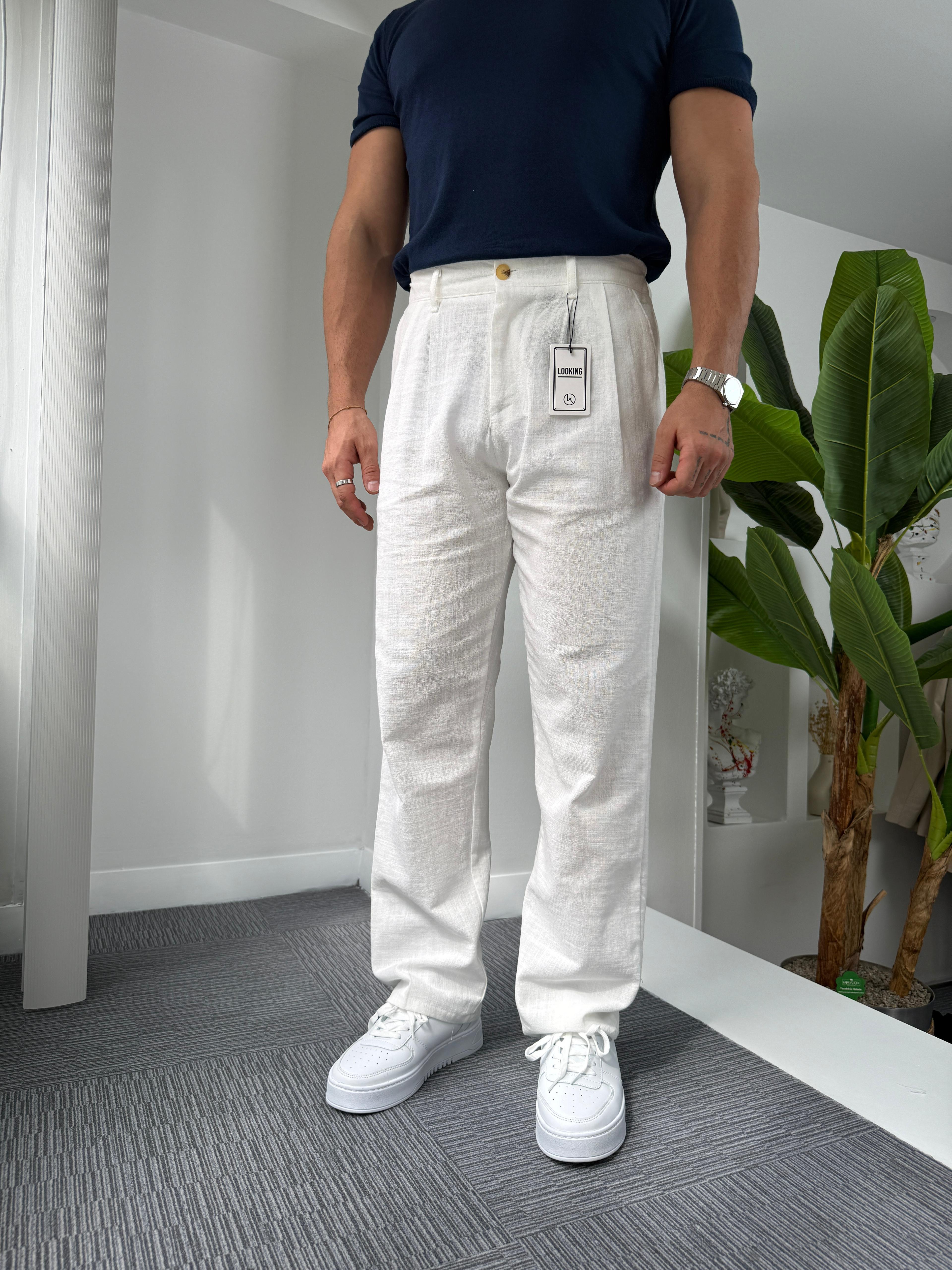 Beyaz LK Pileli Baggy Keten Pantolon