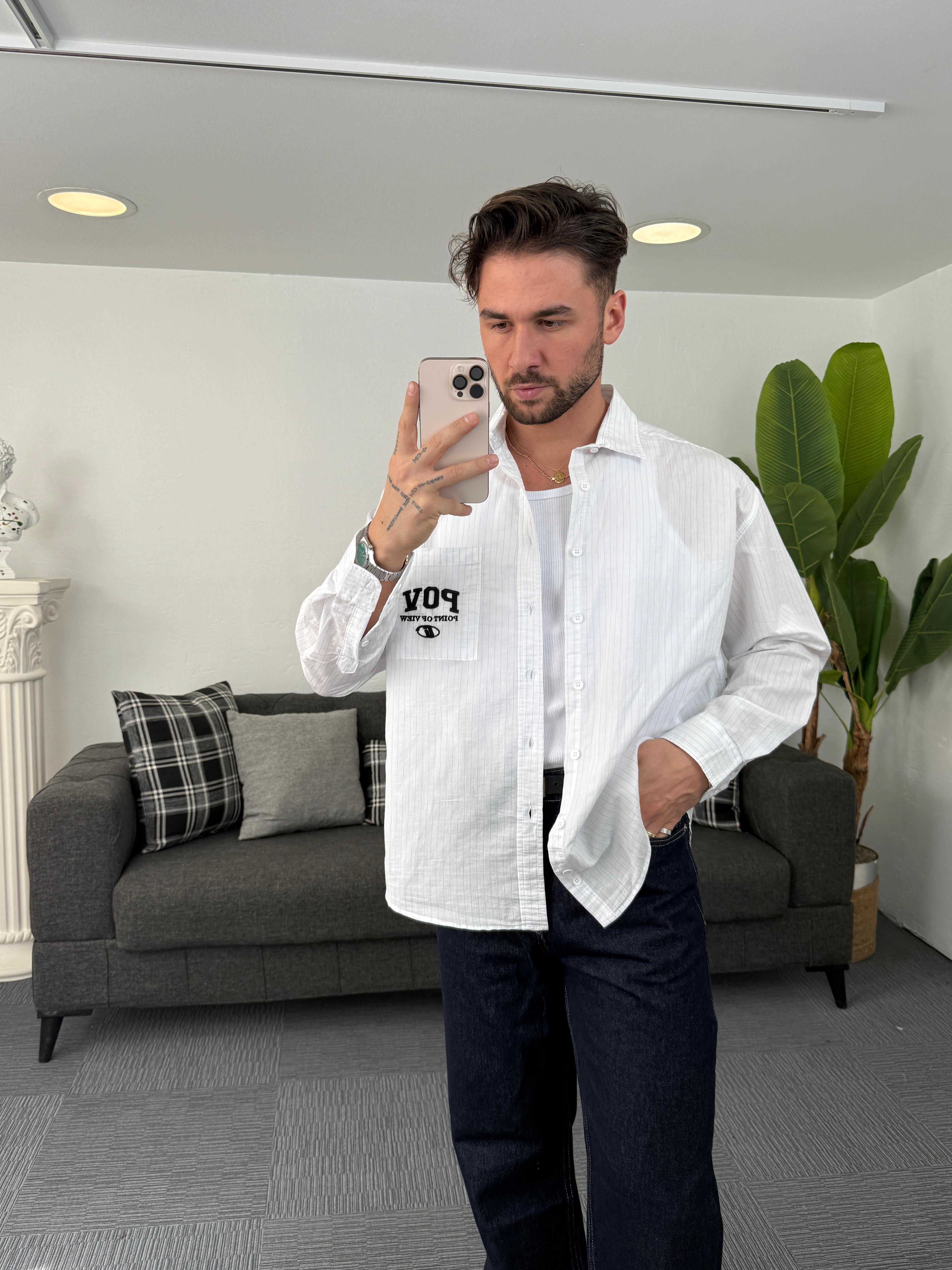 Beyaz Mavi Tek Çizgi Nakışlı Oversize Gömlek