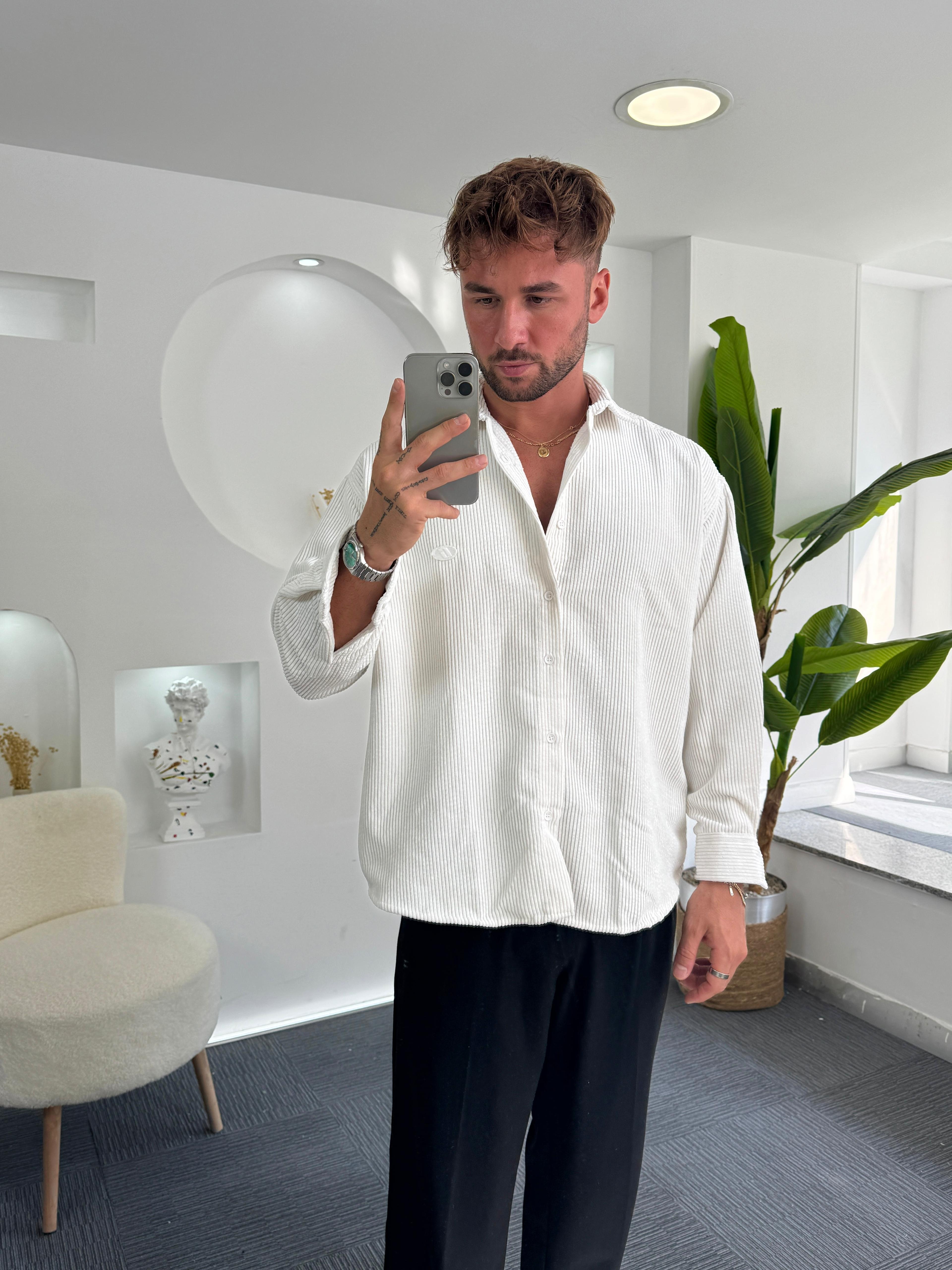 Beyaz Oversize GG Kadife Gömlek