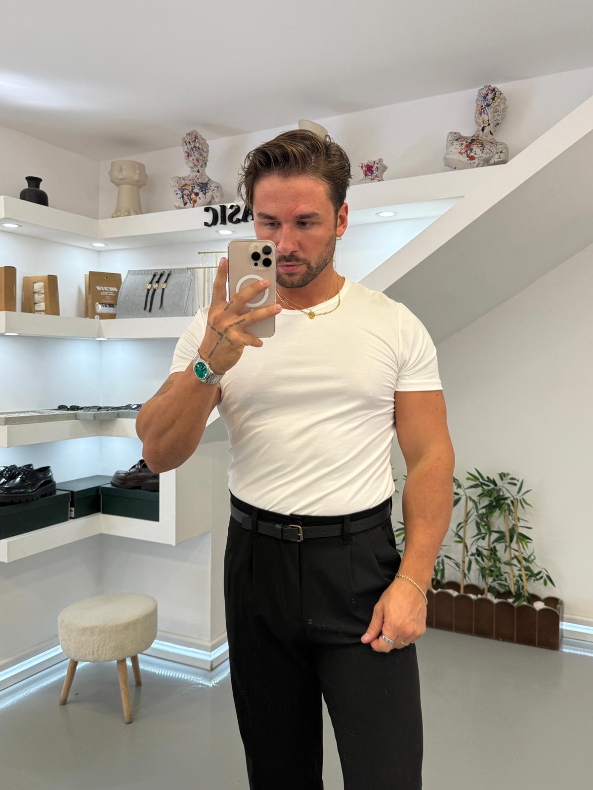 Beyaz Oysh Kumaş Slim Fit T-Shirt