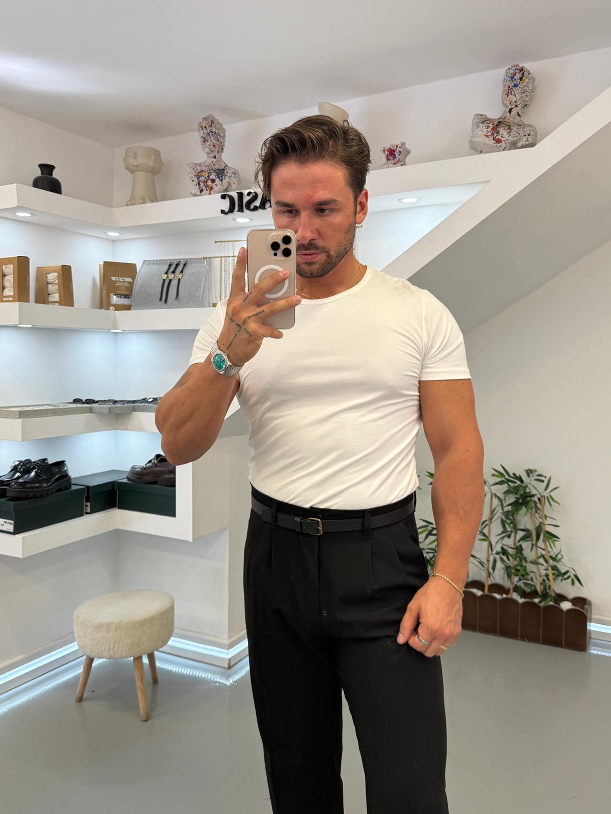 Beyaz Oysh Kumaş Slim Fit T-Shirt