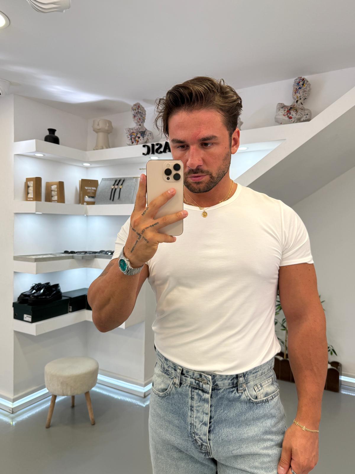 Beyaz Oysh Kumaş Slim Fit T-Shirt