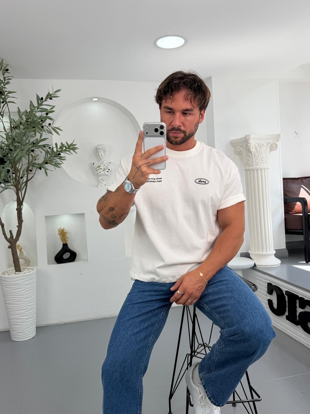 Beyaz RL Smile Boxy Fit Tshirt