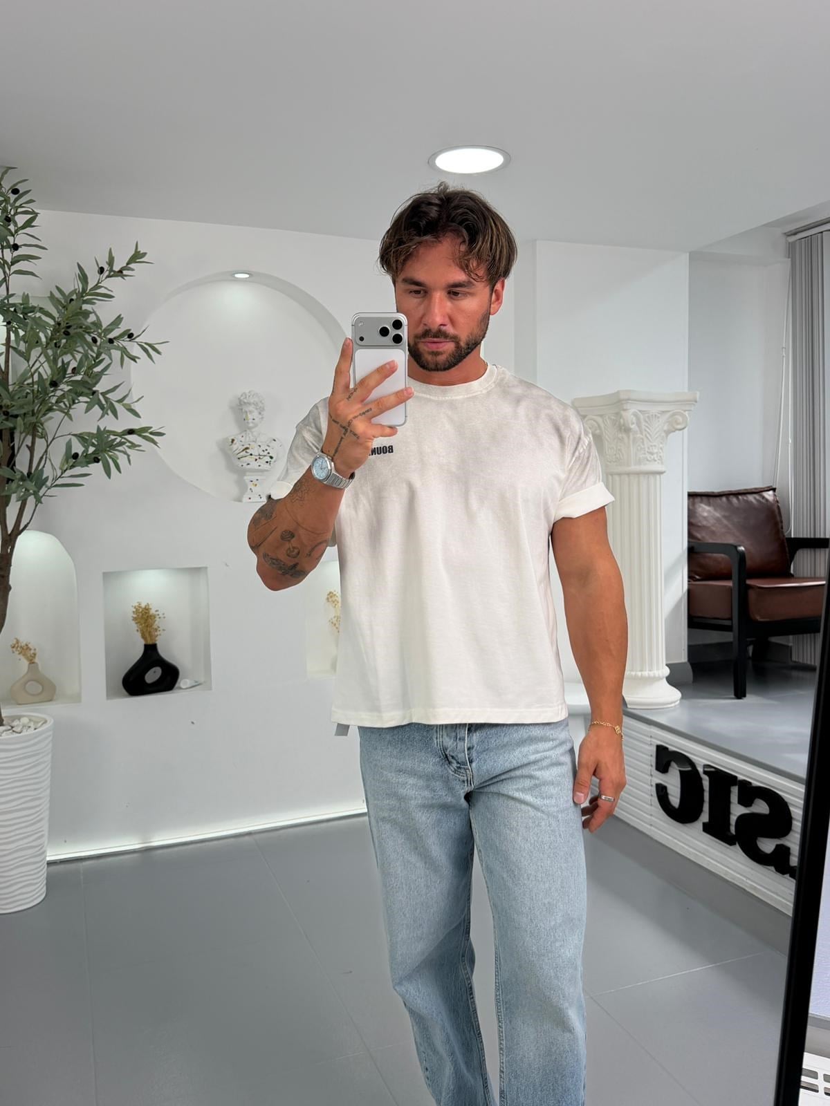 Beyaz RL Yıkamalı Boundless Crop Fit Tshirt