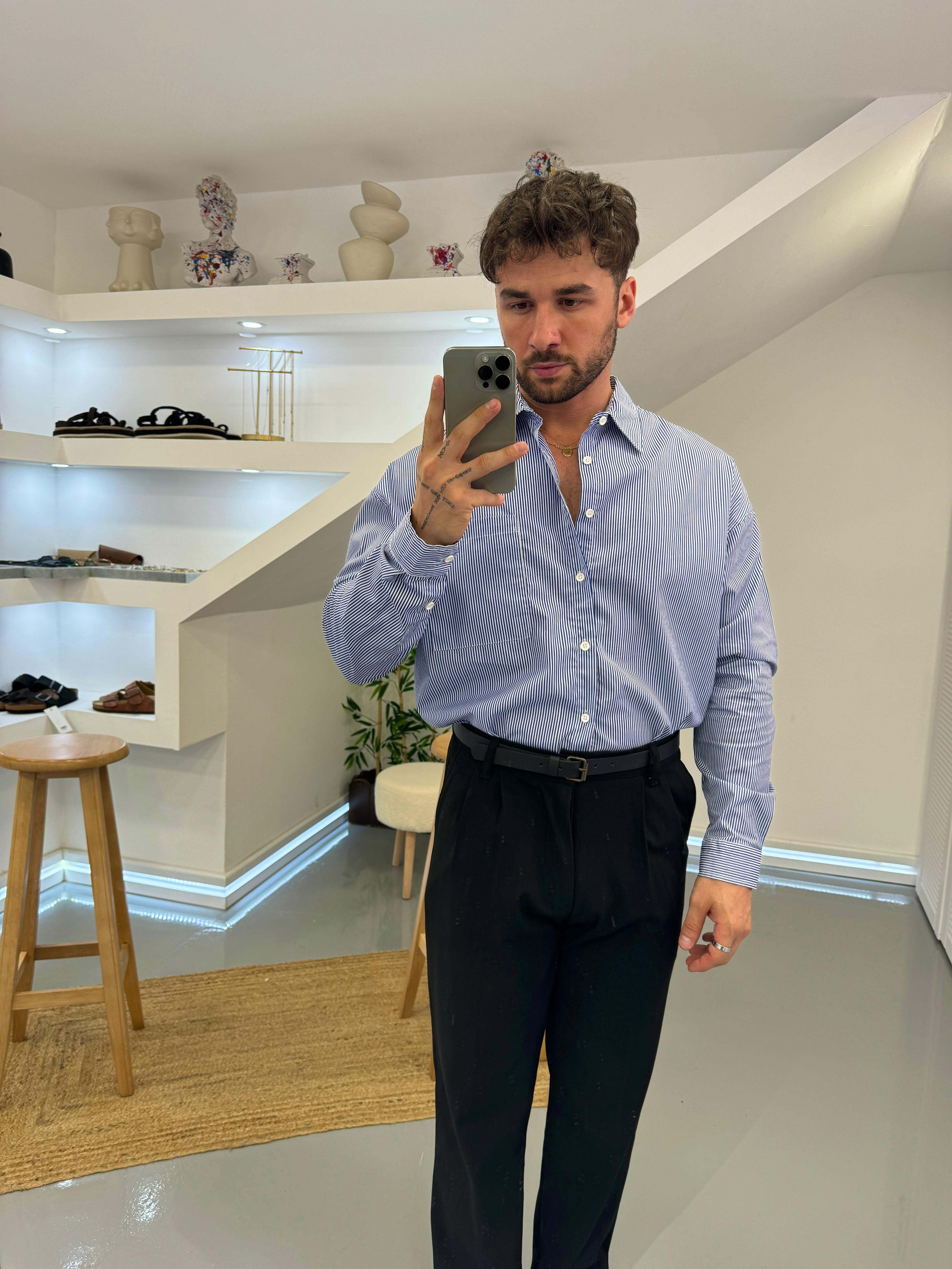 Beyaz Saks İnce Çizgili Stripe Gömlek