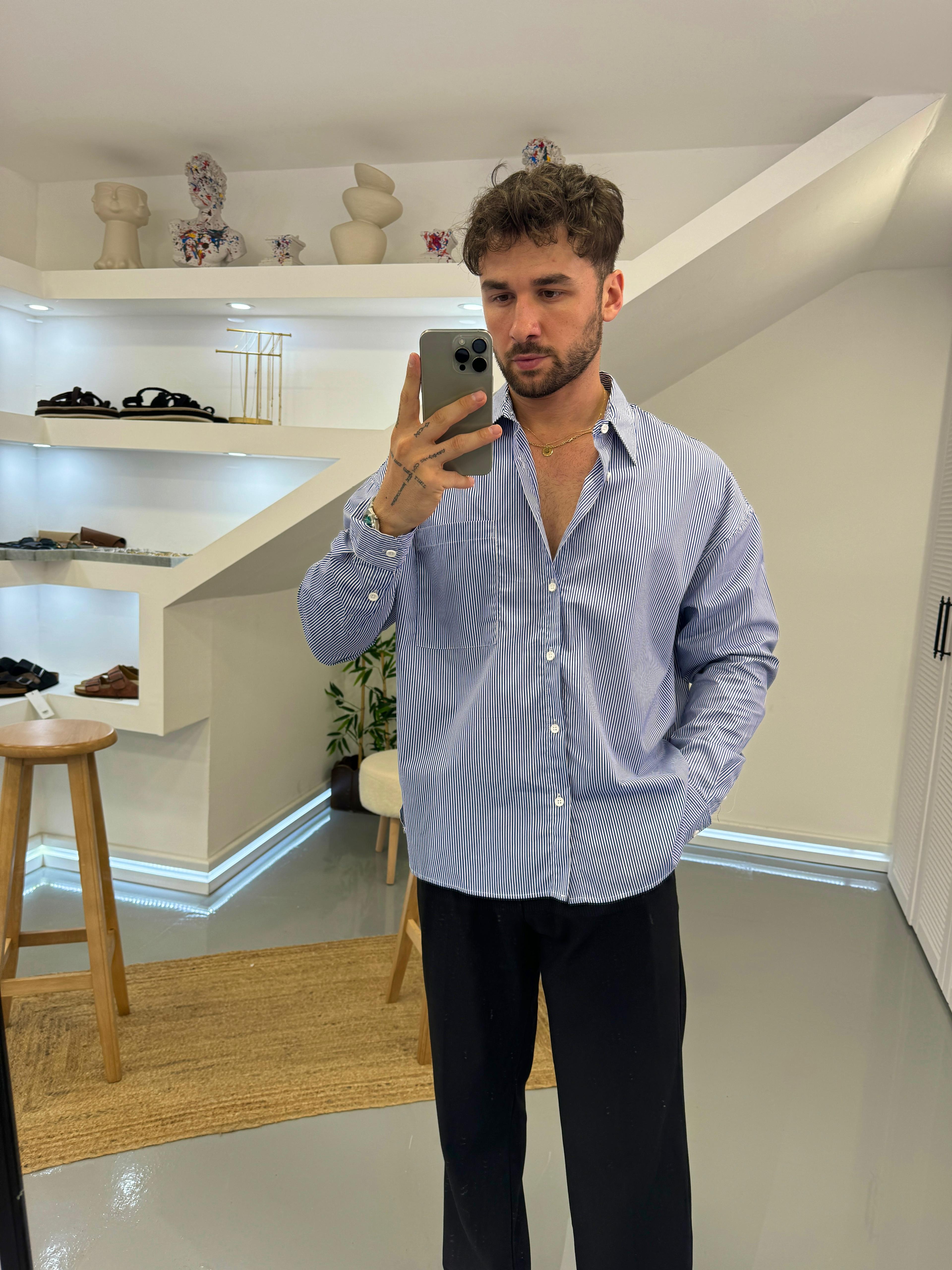 Beyaz Saks İnce Çizgili Stripe Gömlek