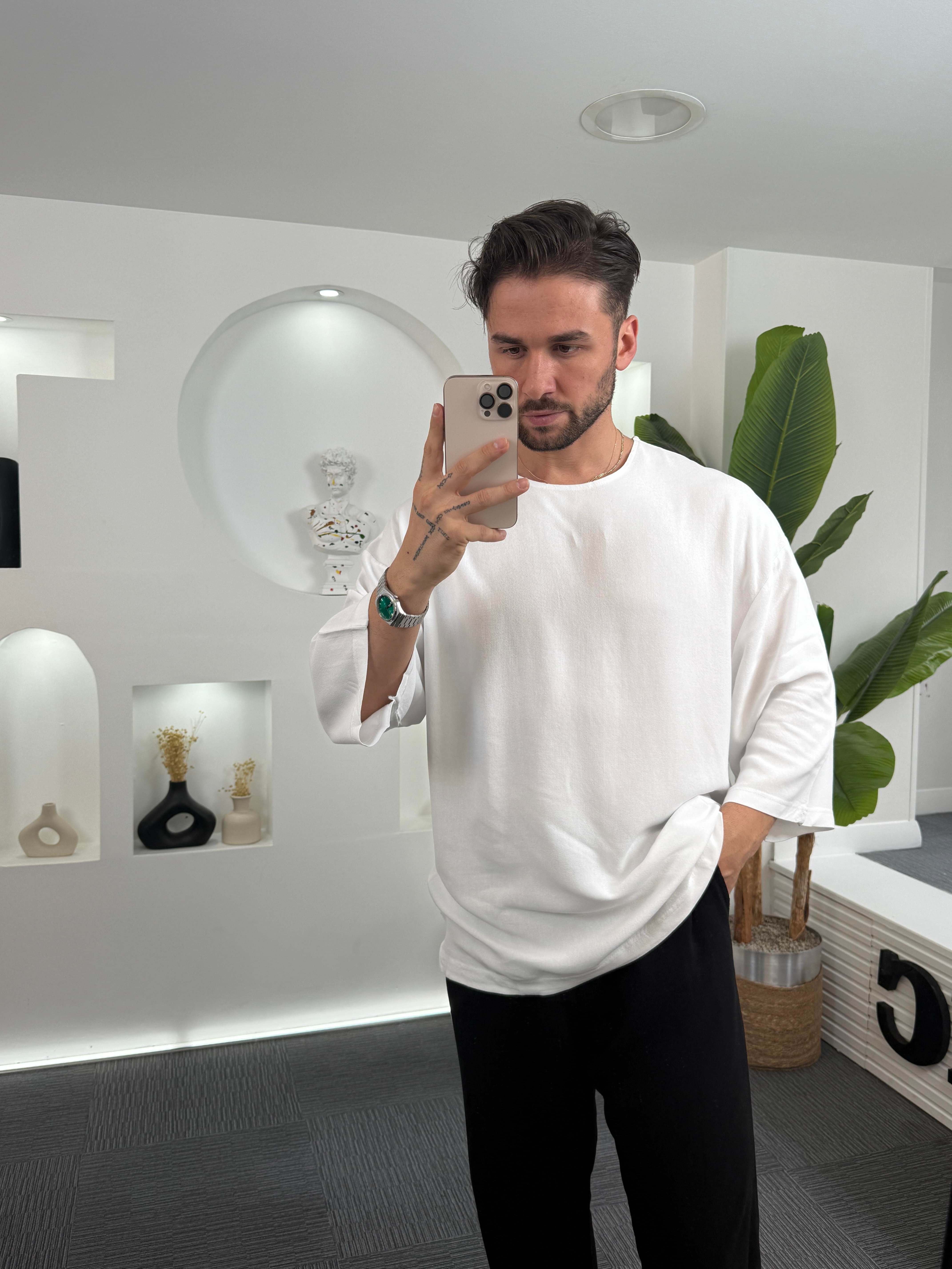 Beyaz Viscon Keten GG Fakir Kol T-Shirt