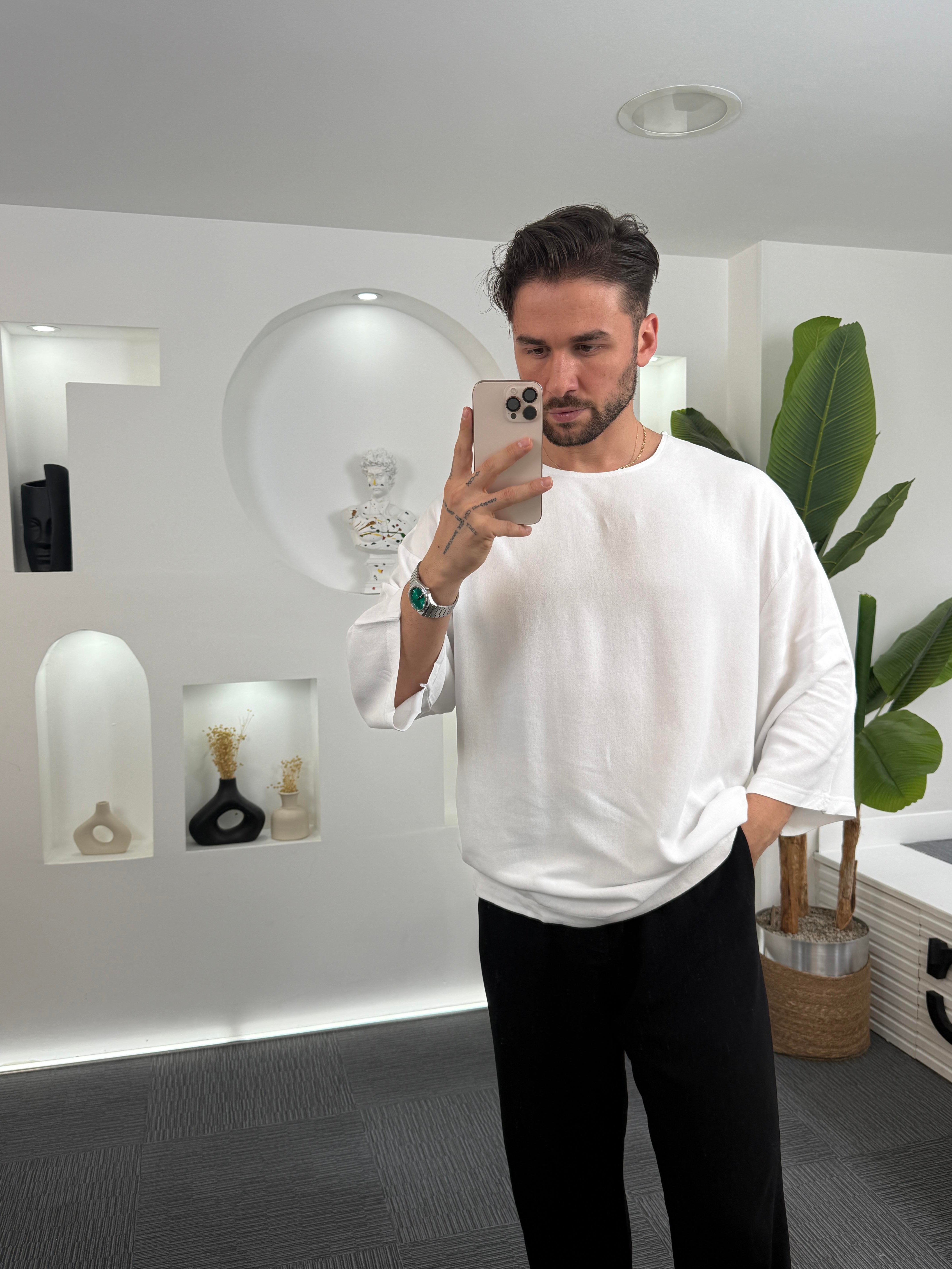 Beyaz Viscon Keten GG Fakir Kol T-Shirt