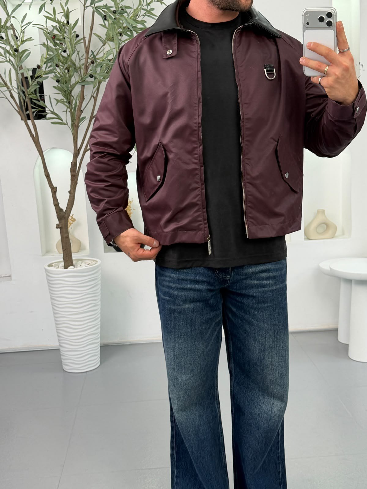 Bordo GG Deri Yaka Crop Fit Ceket