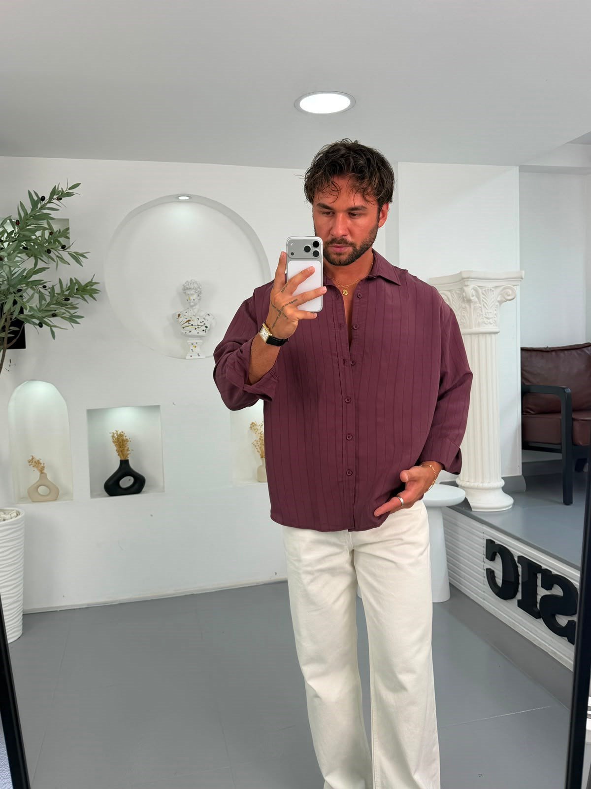 Bordo GG Geniş Çizgili Oversize Modal Gömlek