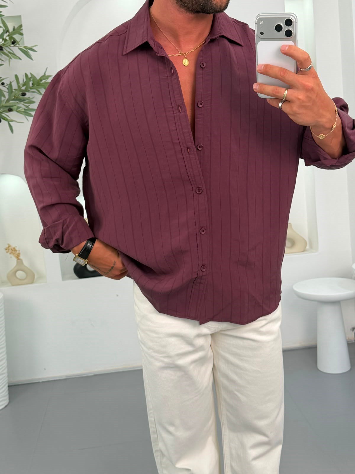 Bordo GG Geniş Çizgili Oversize Modal Gömlek