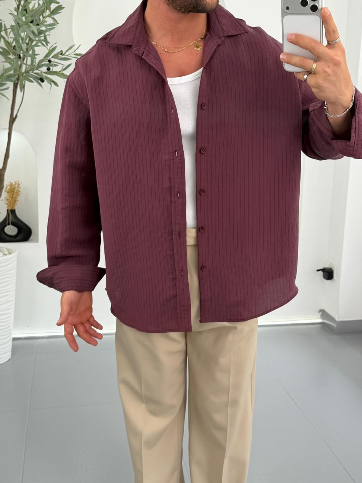 Bordo GG Oversize Dikey Çizgili Modal Gömlek