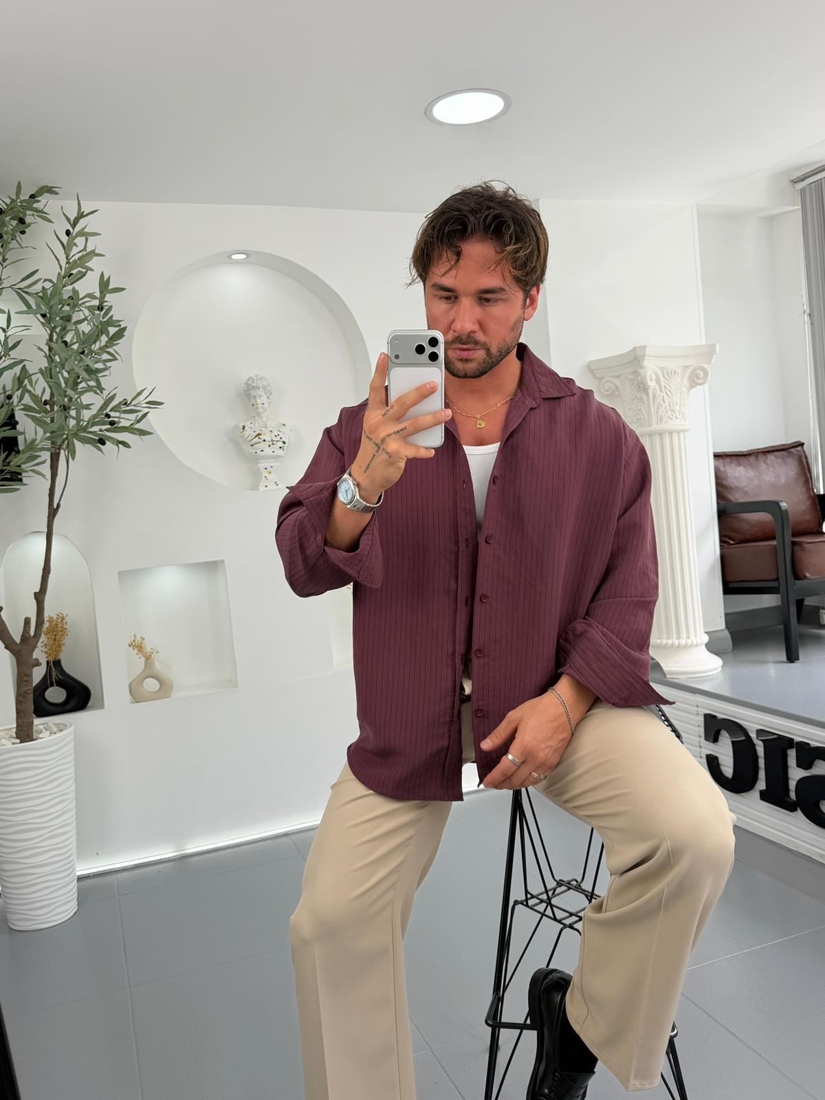 Bordo GG Oversize Dikey Çizgili Modal Gömlek