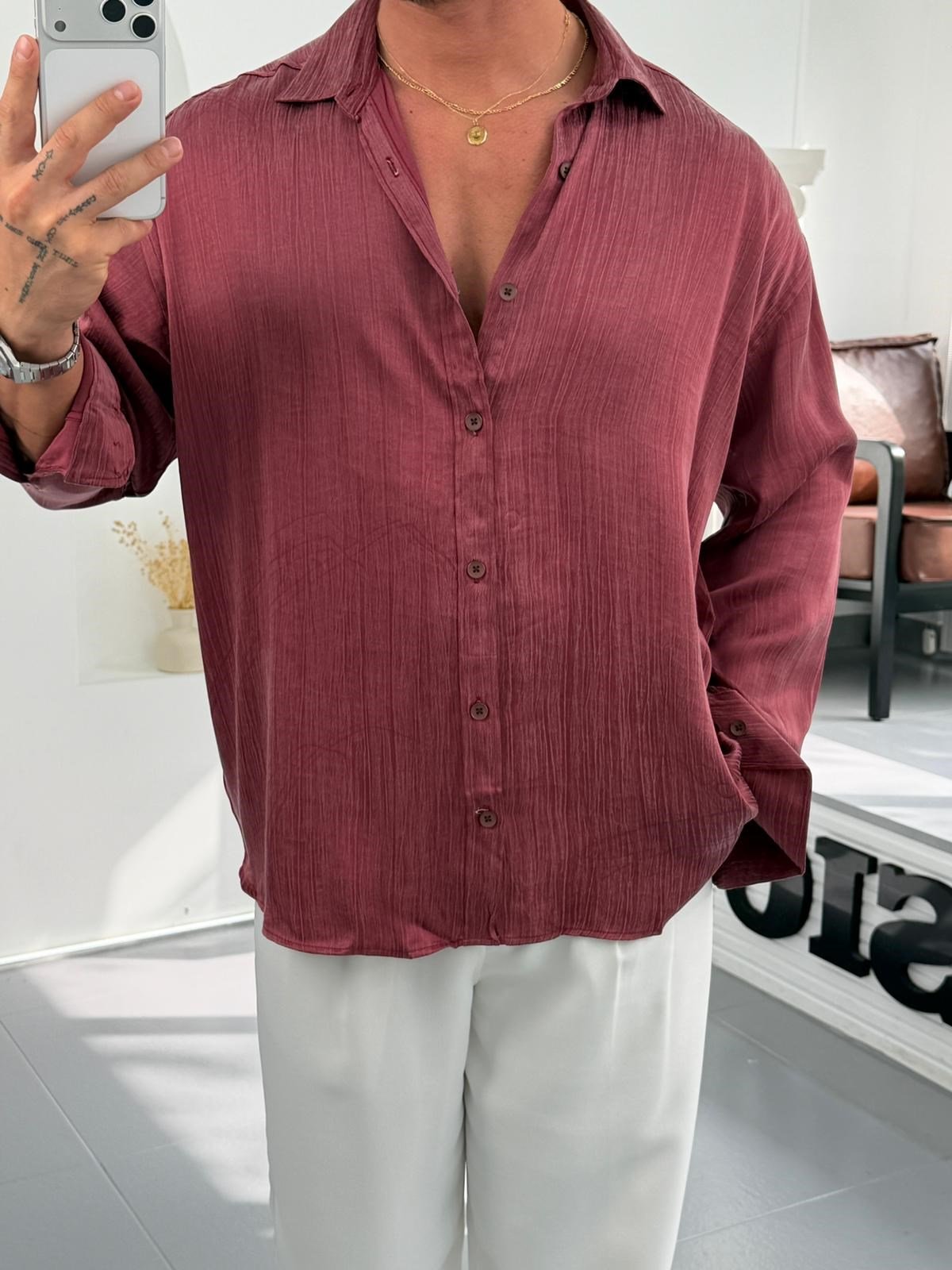 Bordo GG Premium Parlak Sülfür Oversize Gömlek