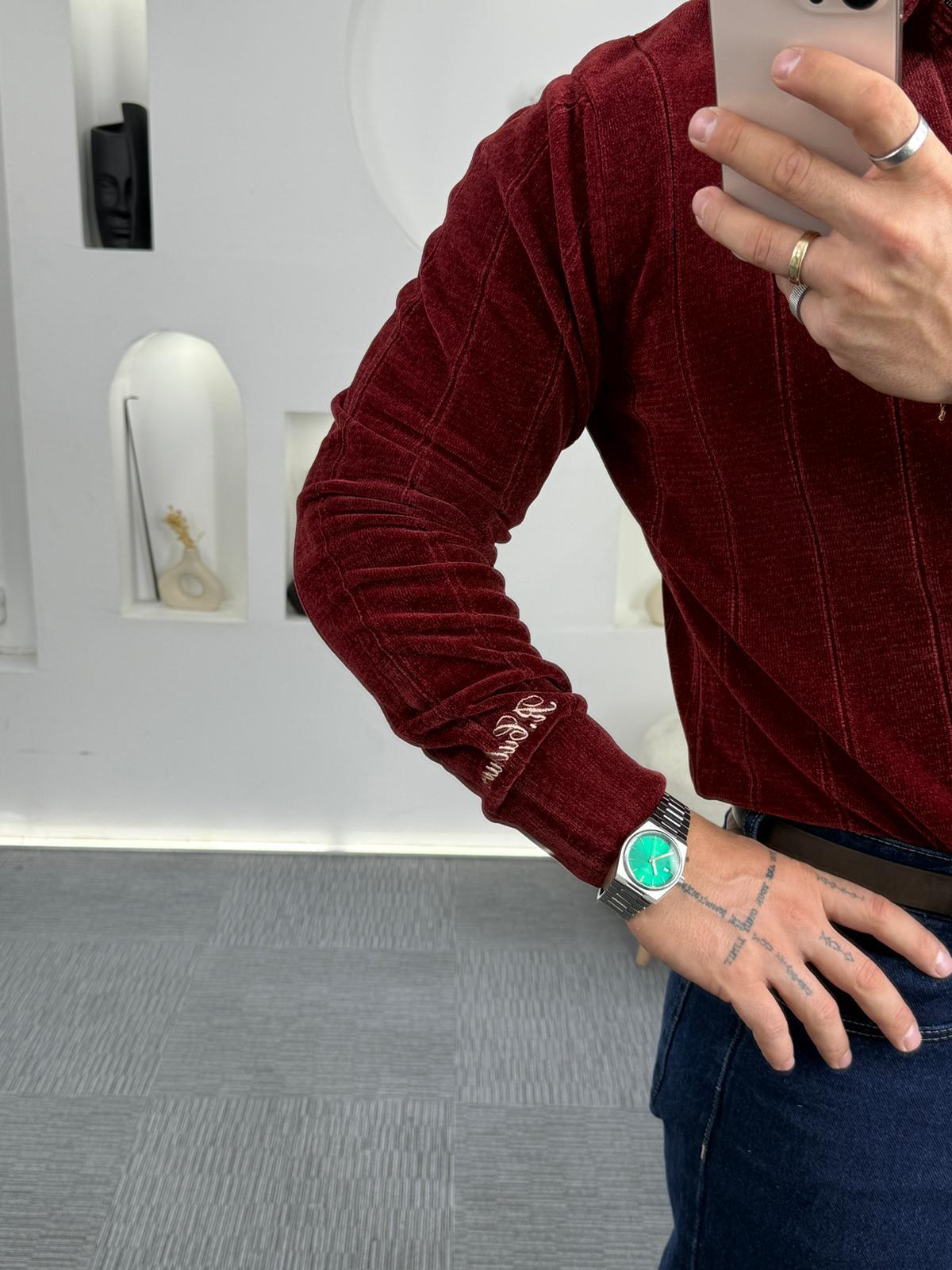 Bordo Kol Yazılı Şönil Kumaş Triko