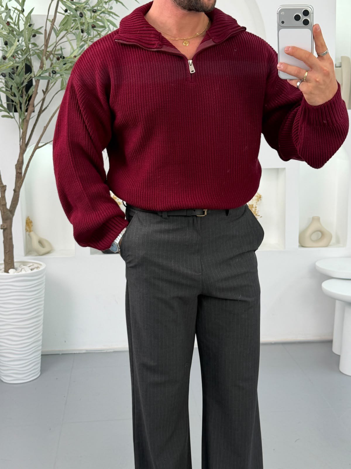 Bordo RL Fermuarlı Oversize Triko
