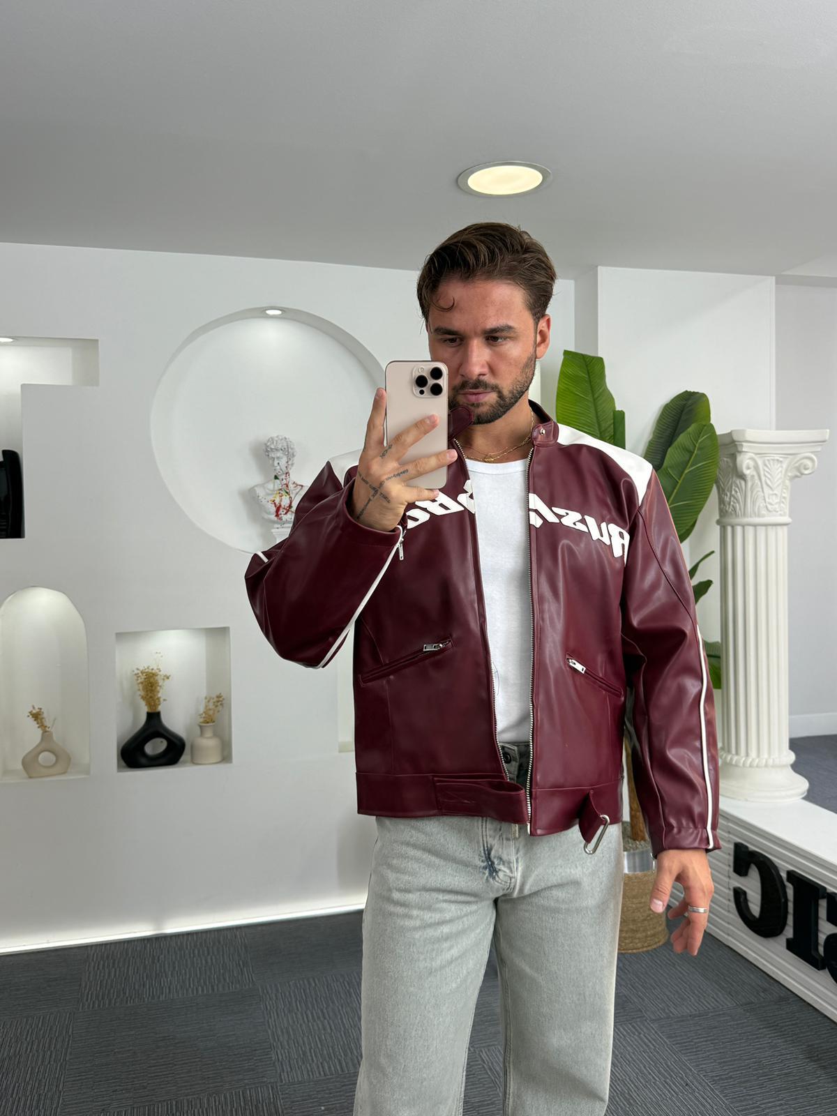 Bordo Uludağ Tasarım Oversize Deri Ceket