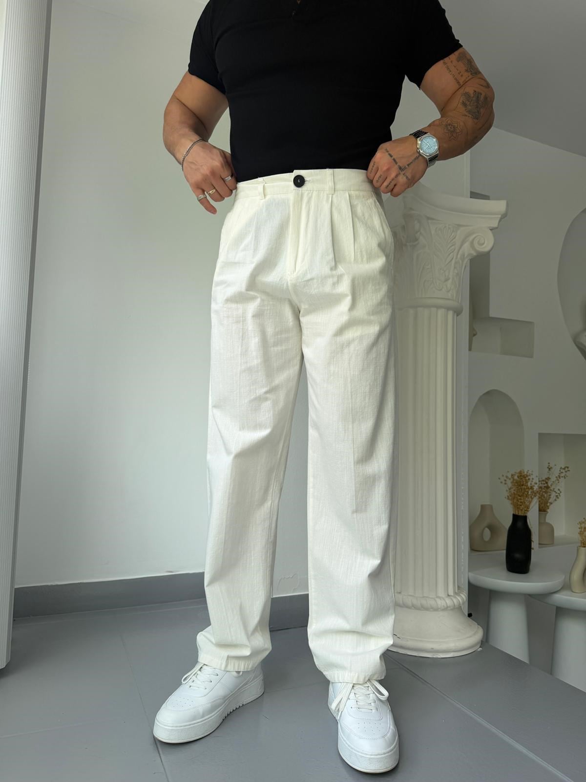 Ekru GG Cavello Düğmeli Pileli Baggy Keten Pantolon