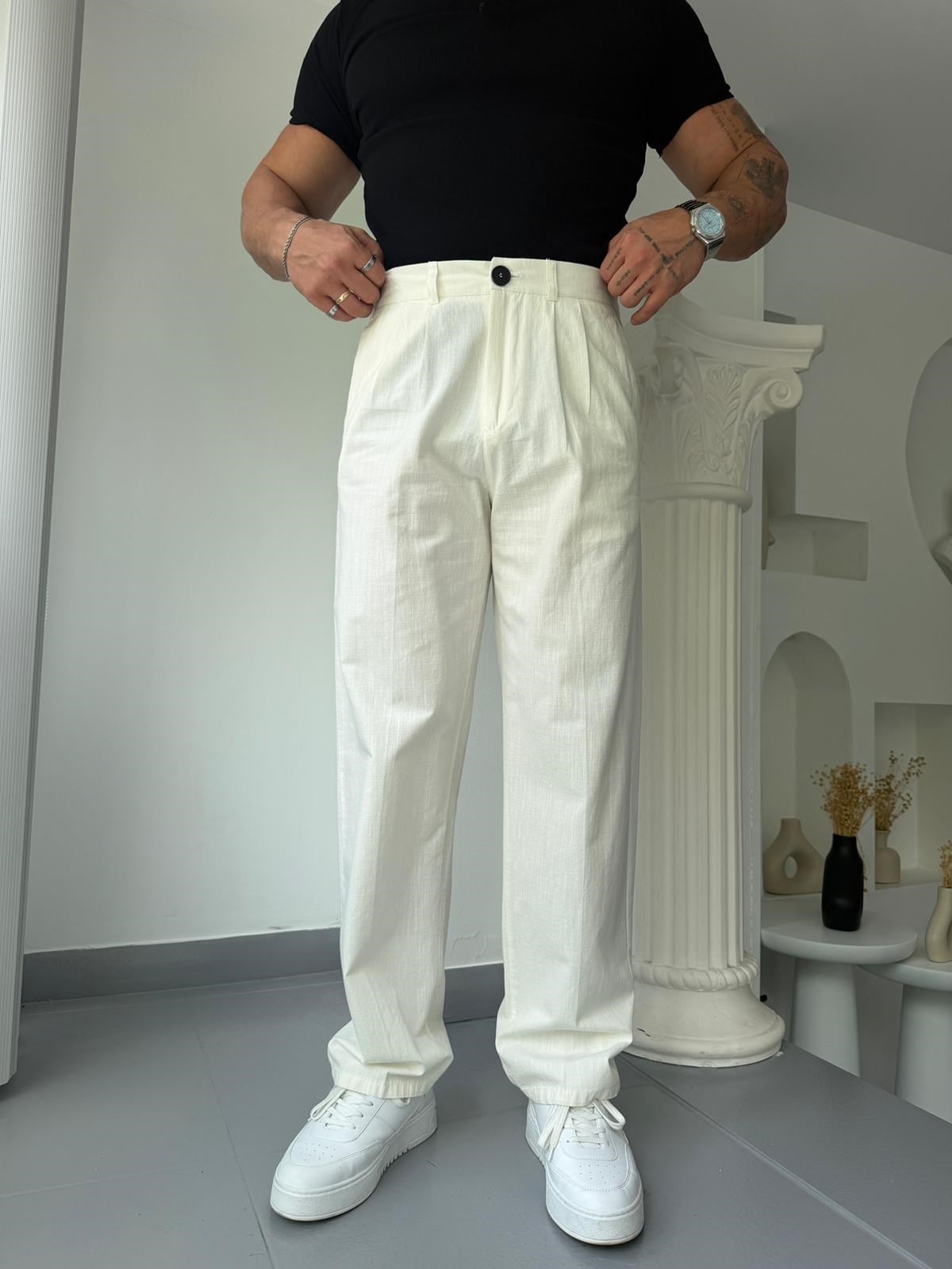 Ekru GG Cavello Düğmeli Pileli Baggy Keten Pantolon